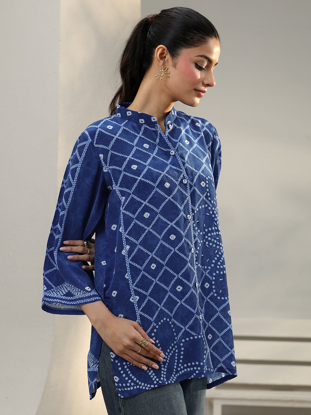 Indigo Bandhani Print 3/4 Sleeve Shirt