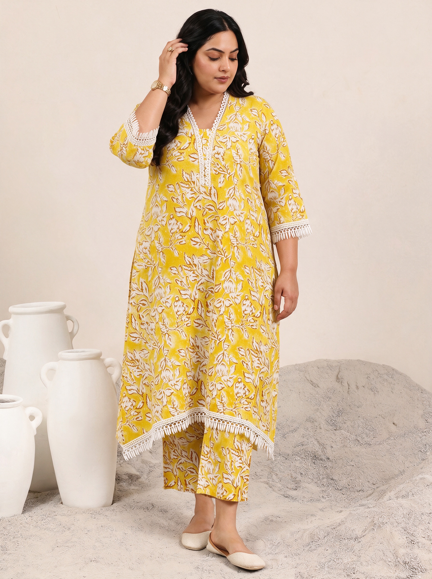 Mustard Floral Print Cotton Kurta and Trousers Set with Lace Trim