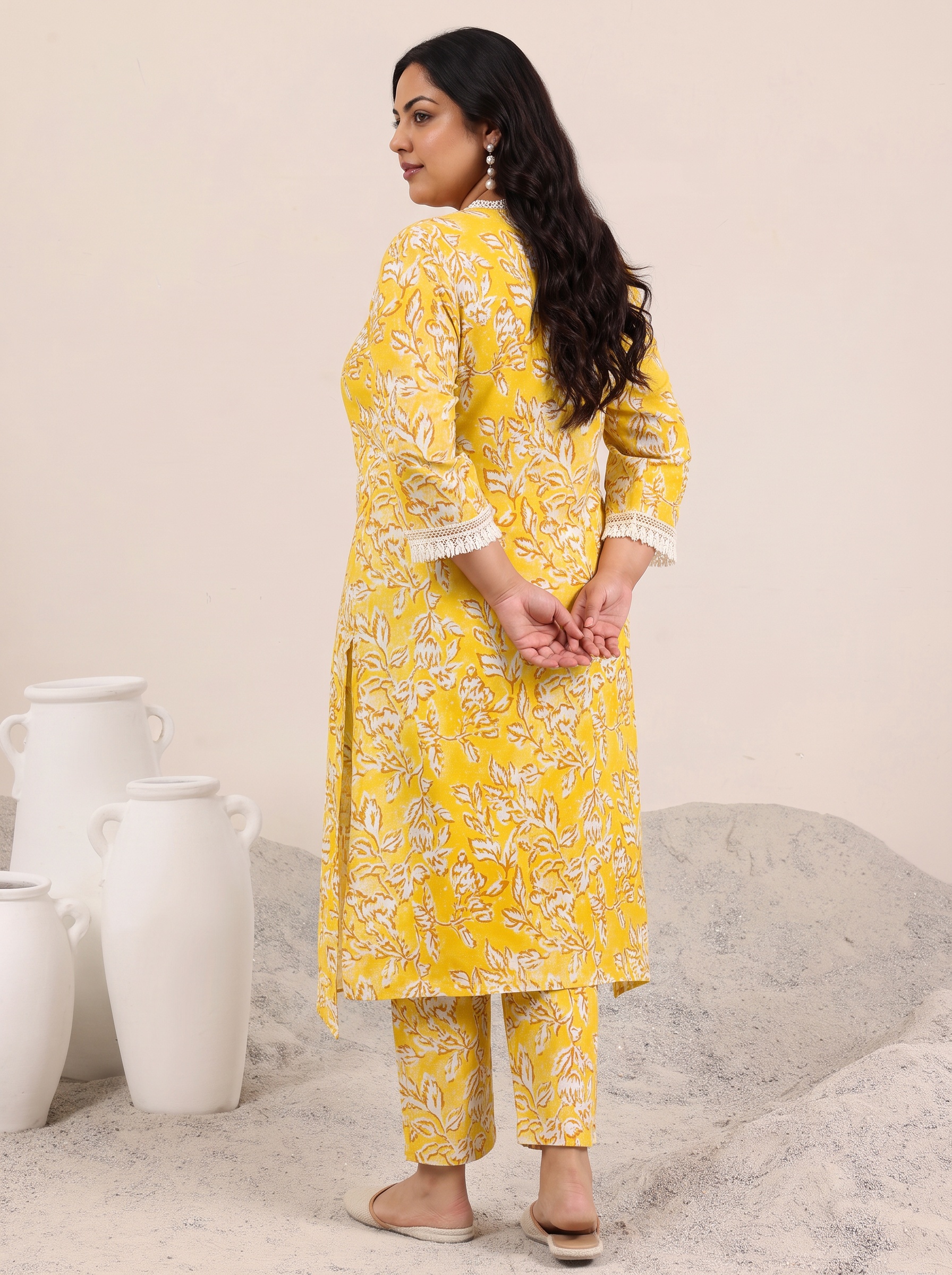 Mustard Floral Print Cotton Kurta and Trousers Set with Lace Trim