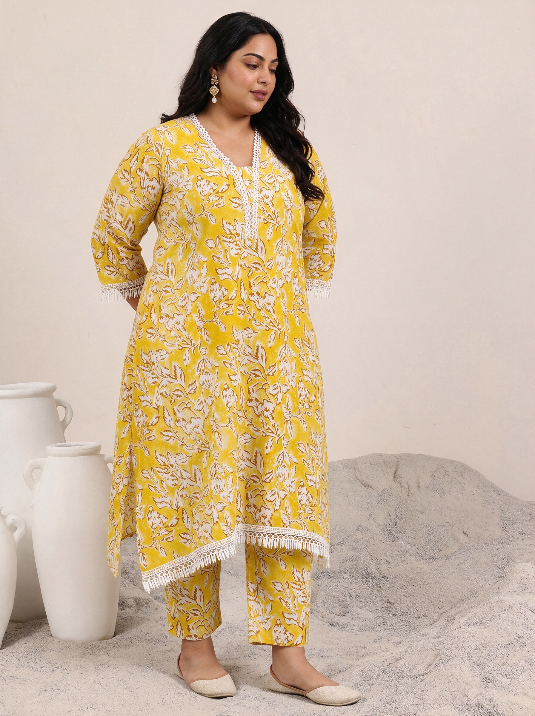 Mustard Floral Print Cotton Kurta and Trousers Set with Lace Trim