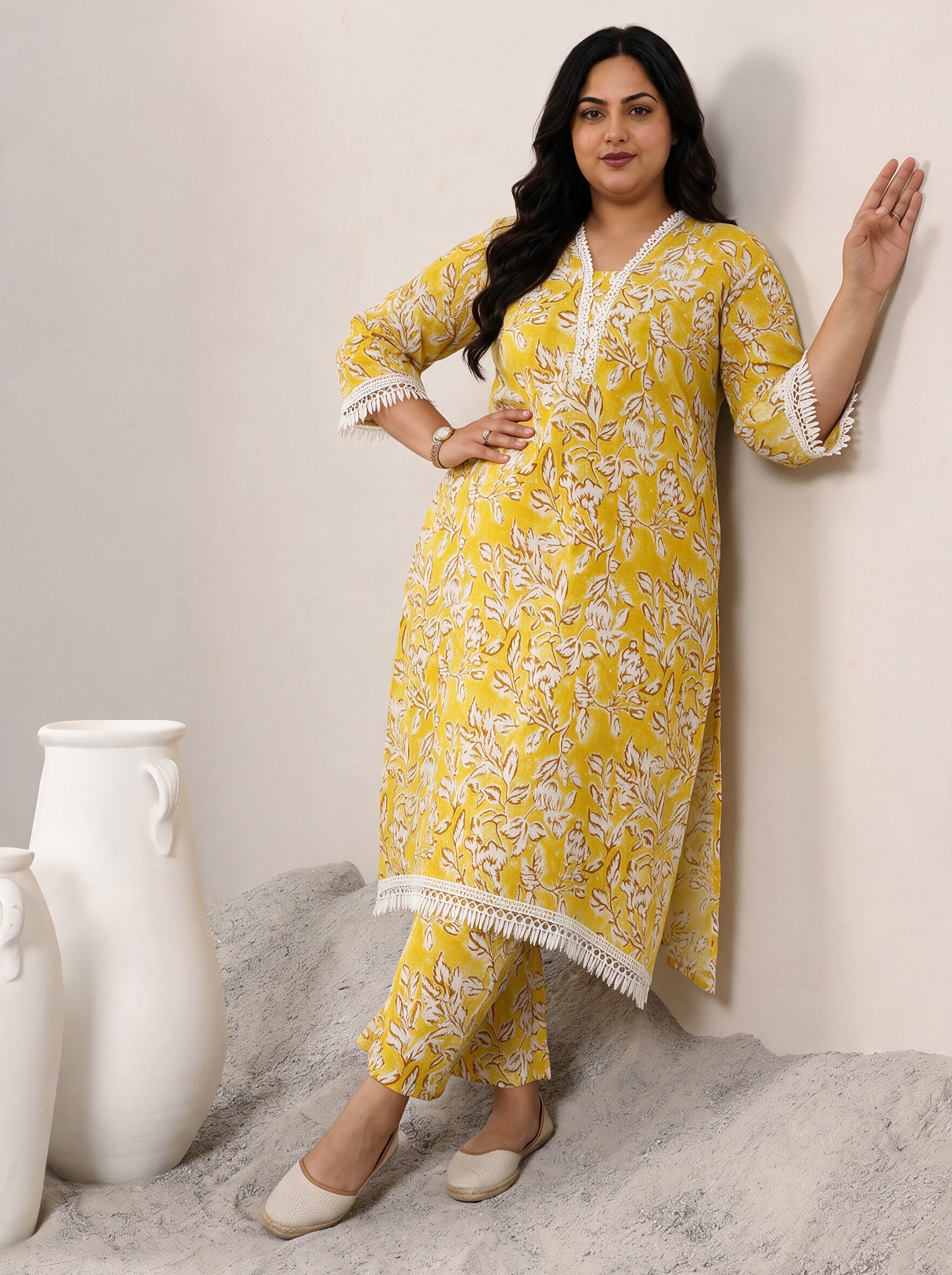 Mustard Floral Print Cotton Kurta and Trousers Set with Lace Trim