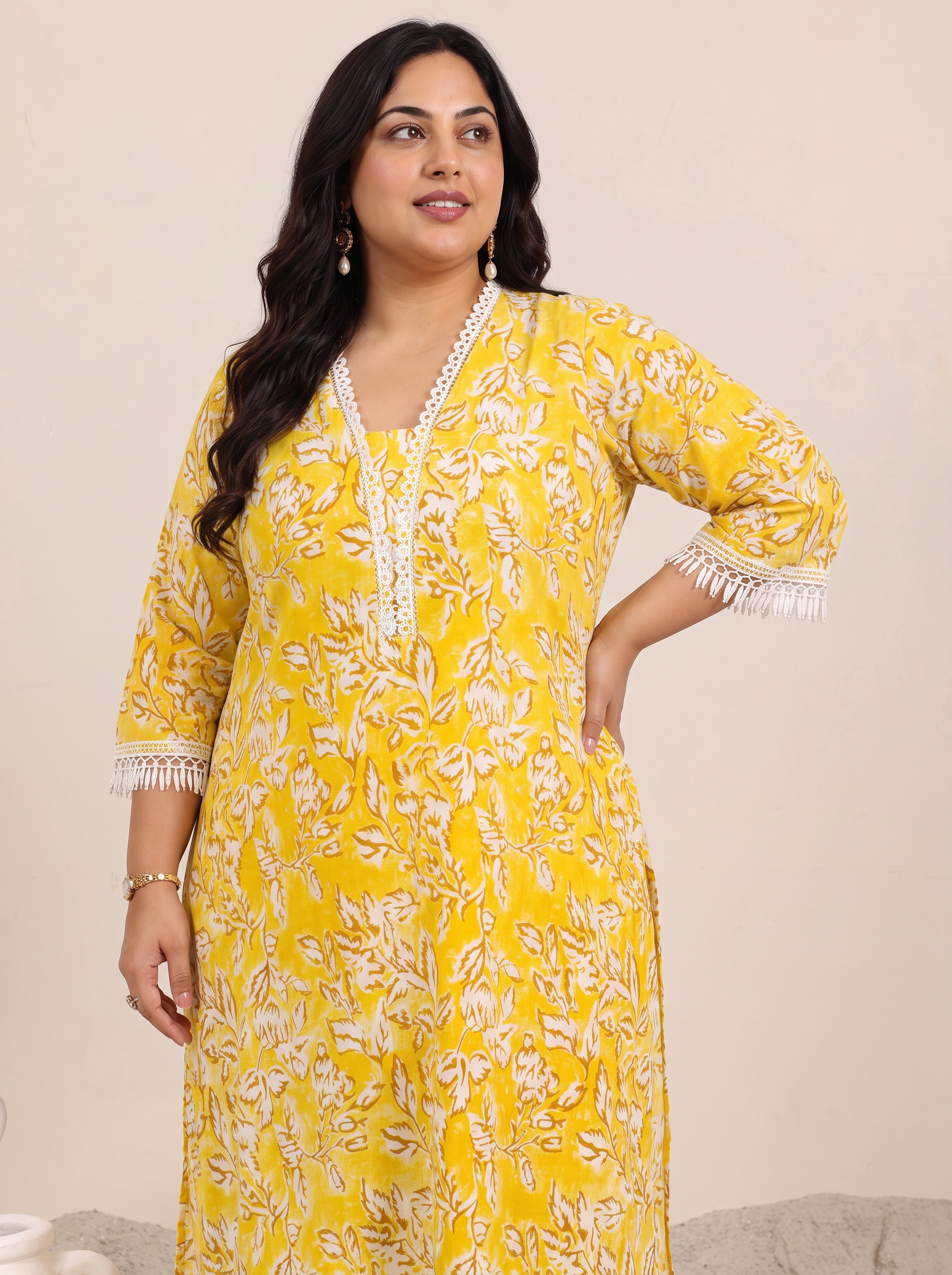 Mustard Floral Print Cotton Kurta and Trousers Set with Lace Trim