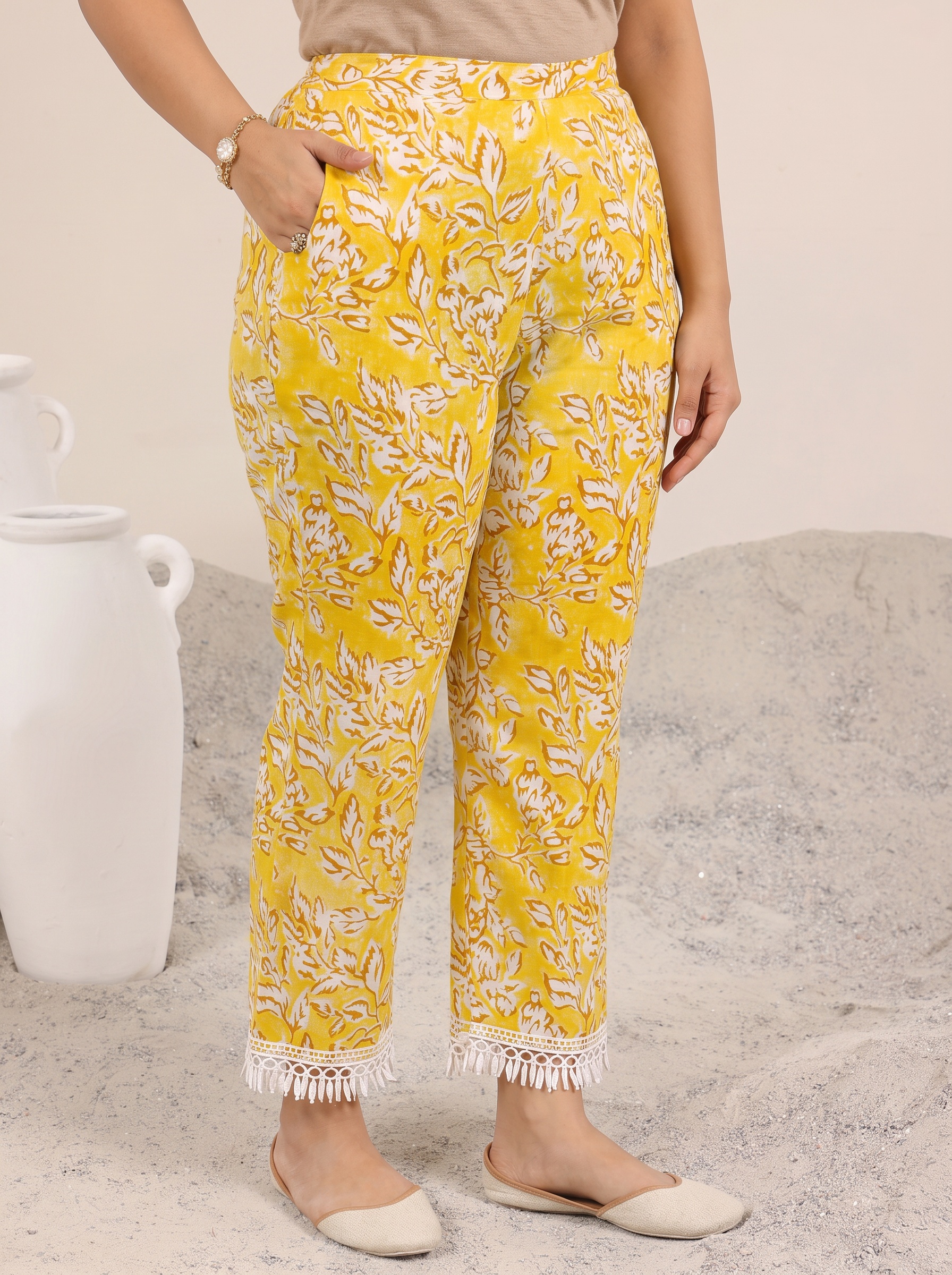 Mustard Floral Print Cotton Kurta and Trousers Set with Lace Trim
