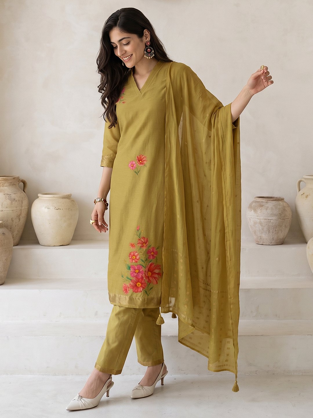 Olive Green Floral Embroidered Kurta Set with Dupatta