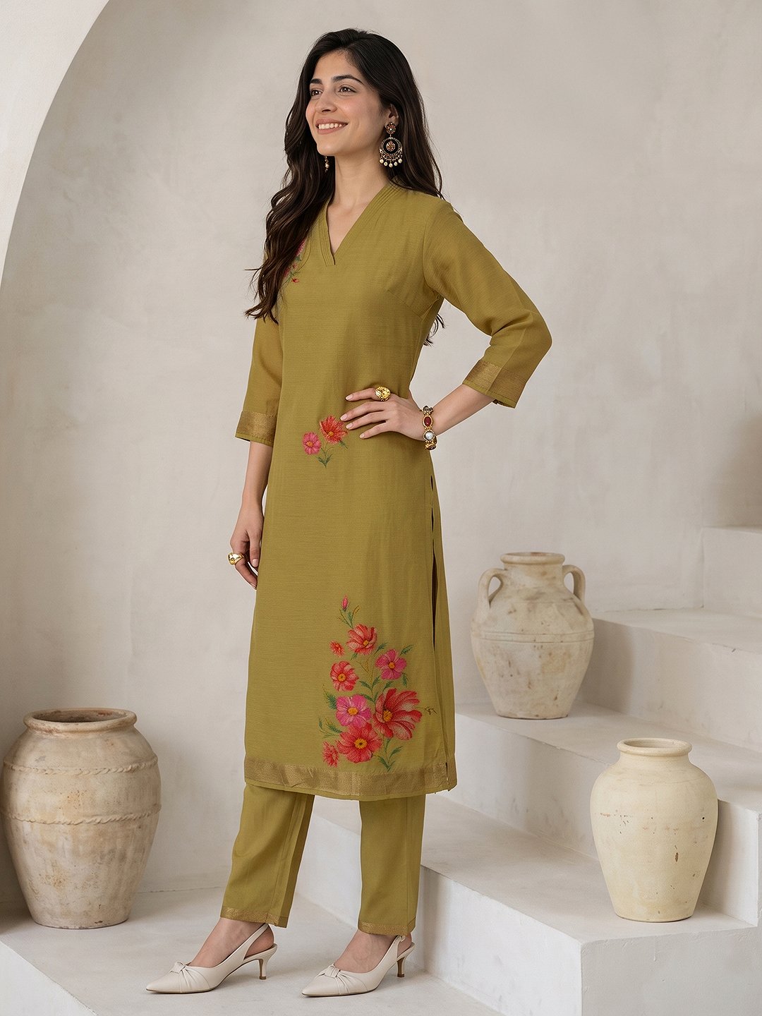 Olive Green Floral Embroidered Kurta Set with Dupatta