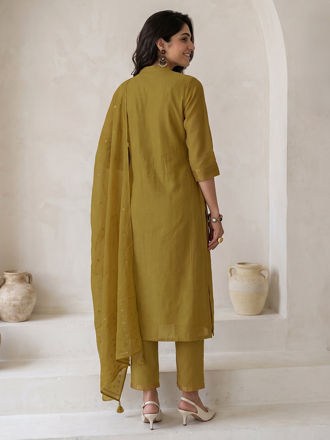 Olive Green Floral Embroidered Kurta Set with Dupatta