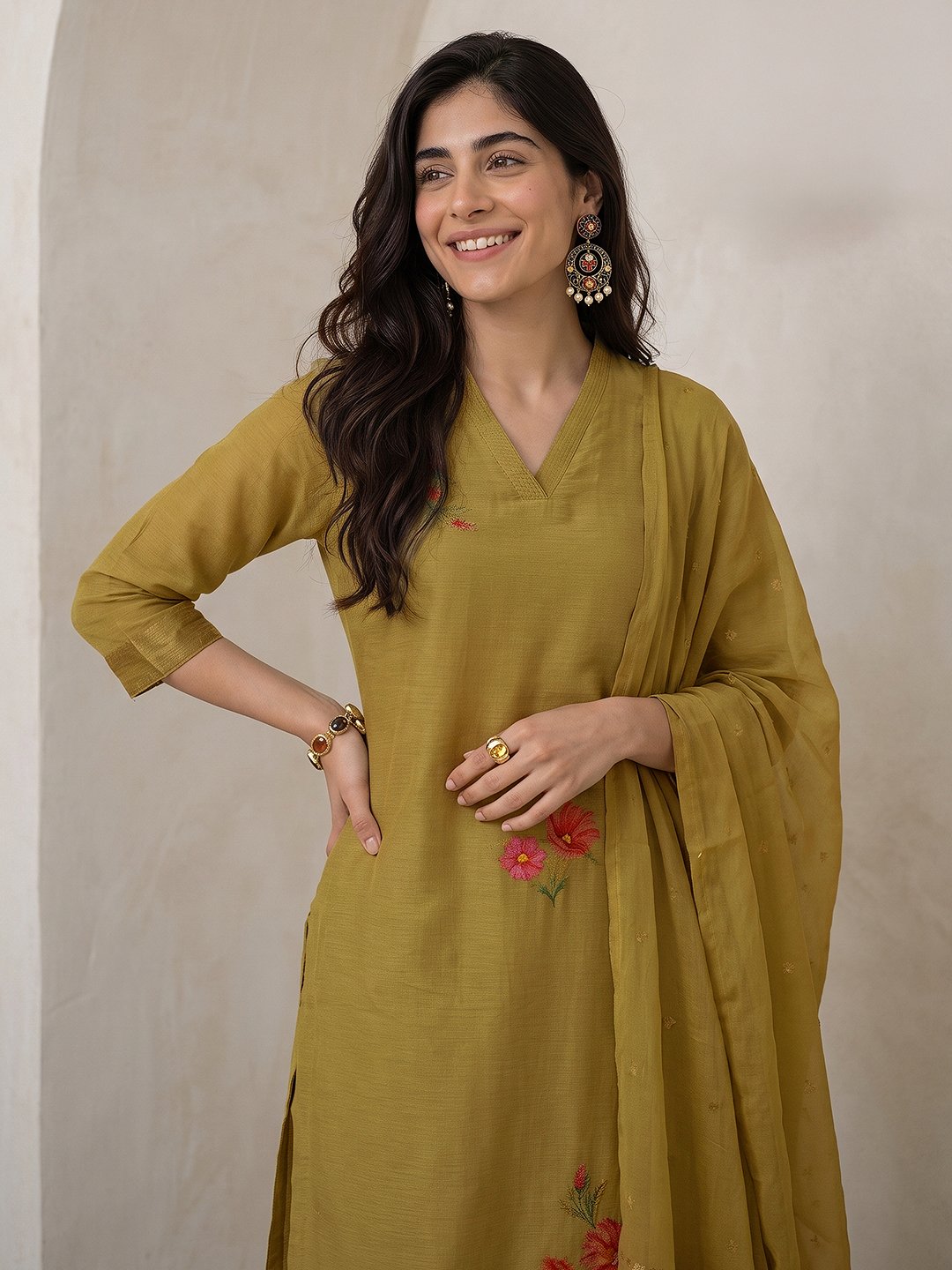 Olive Green Floral Embroidered Kurta Set with Dupatta