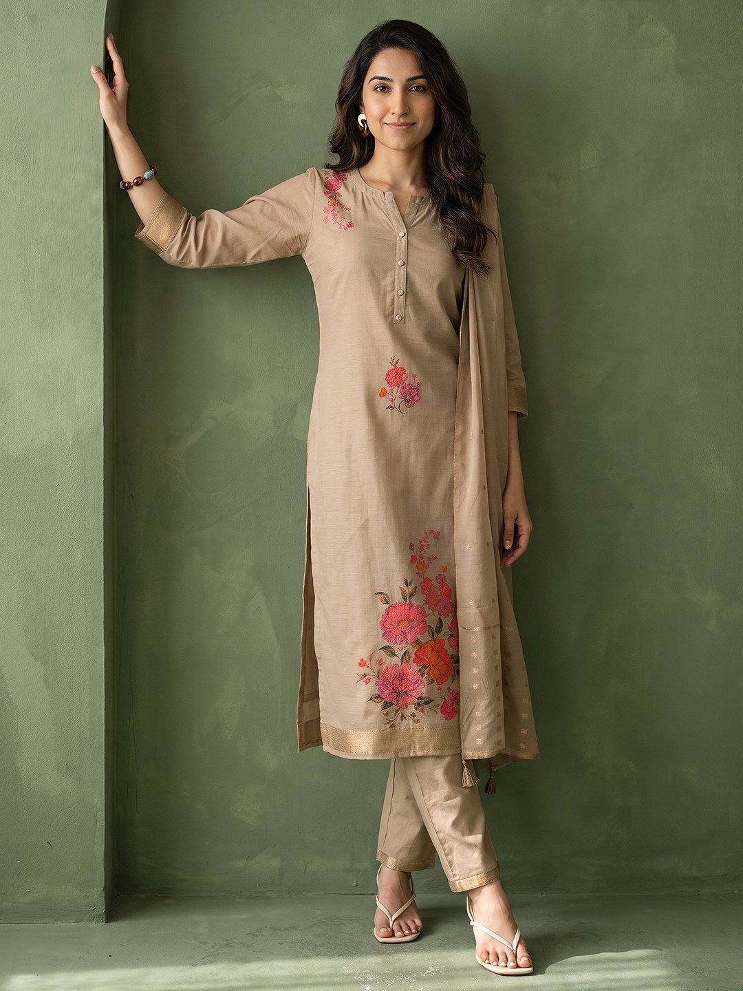 Grey Floral Printed Cotton Blend Kurta Set with Trousers and Dupatta
