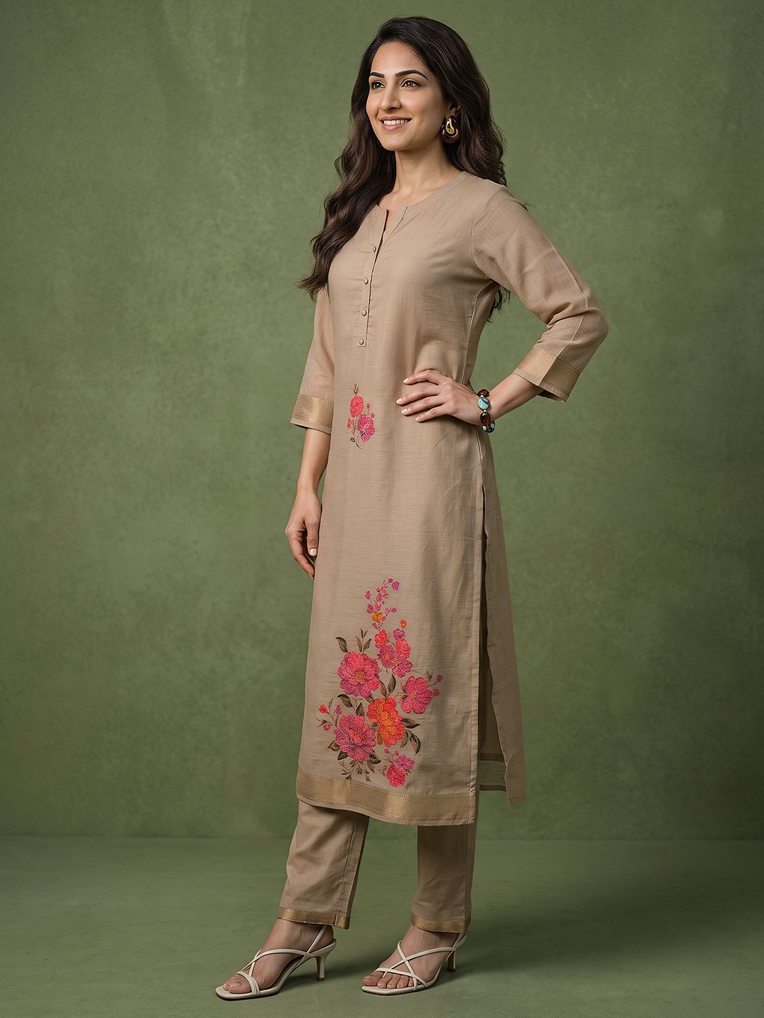 Grey Floral Printed Cotton Blend Kurta Set with Trousers and Dupatta