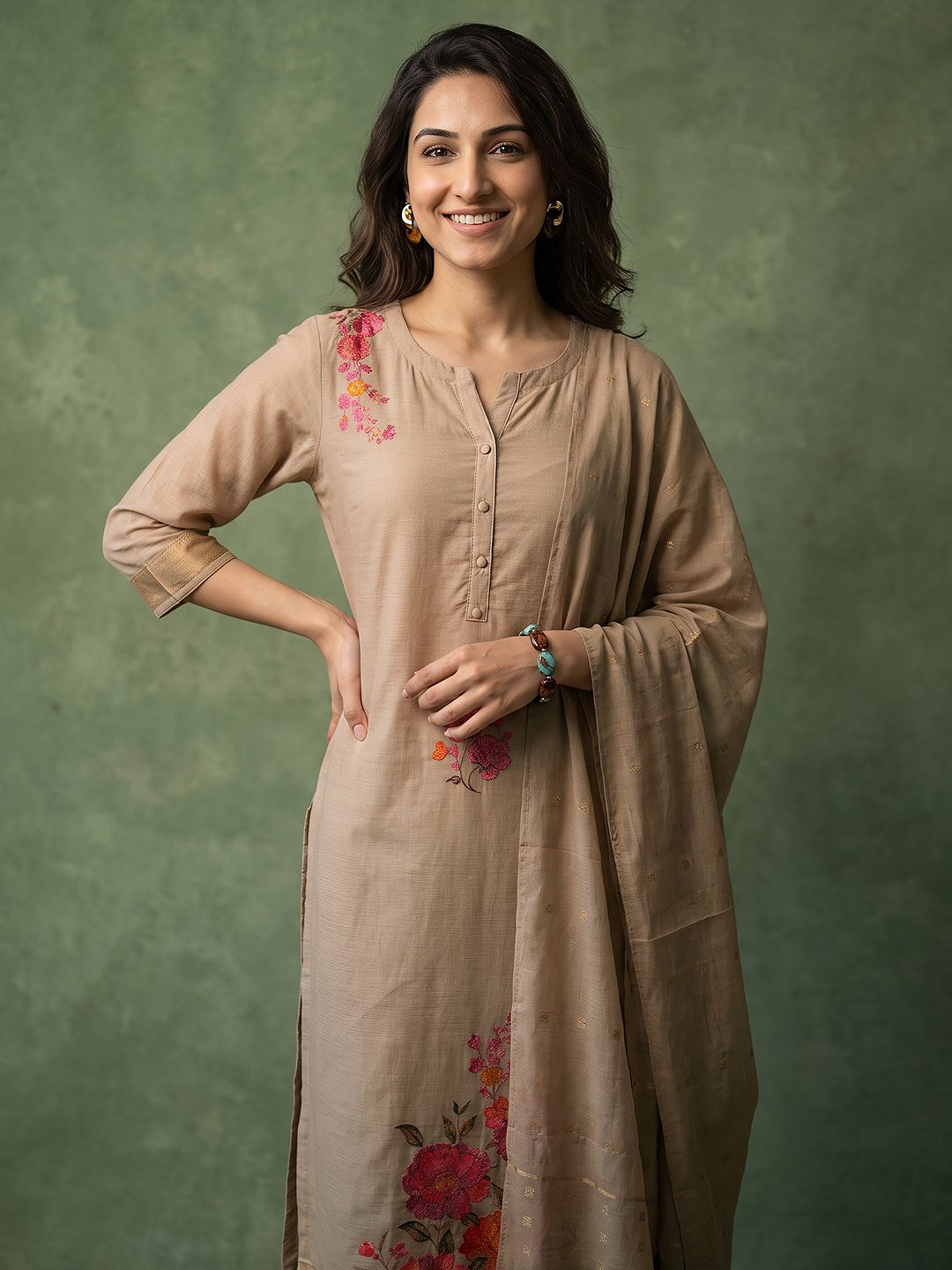 Grey Floral Printed Cotton Blend Kurta Set with Trousers and Dupatta
