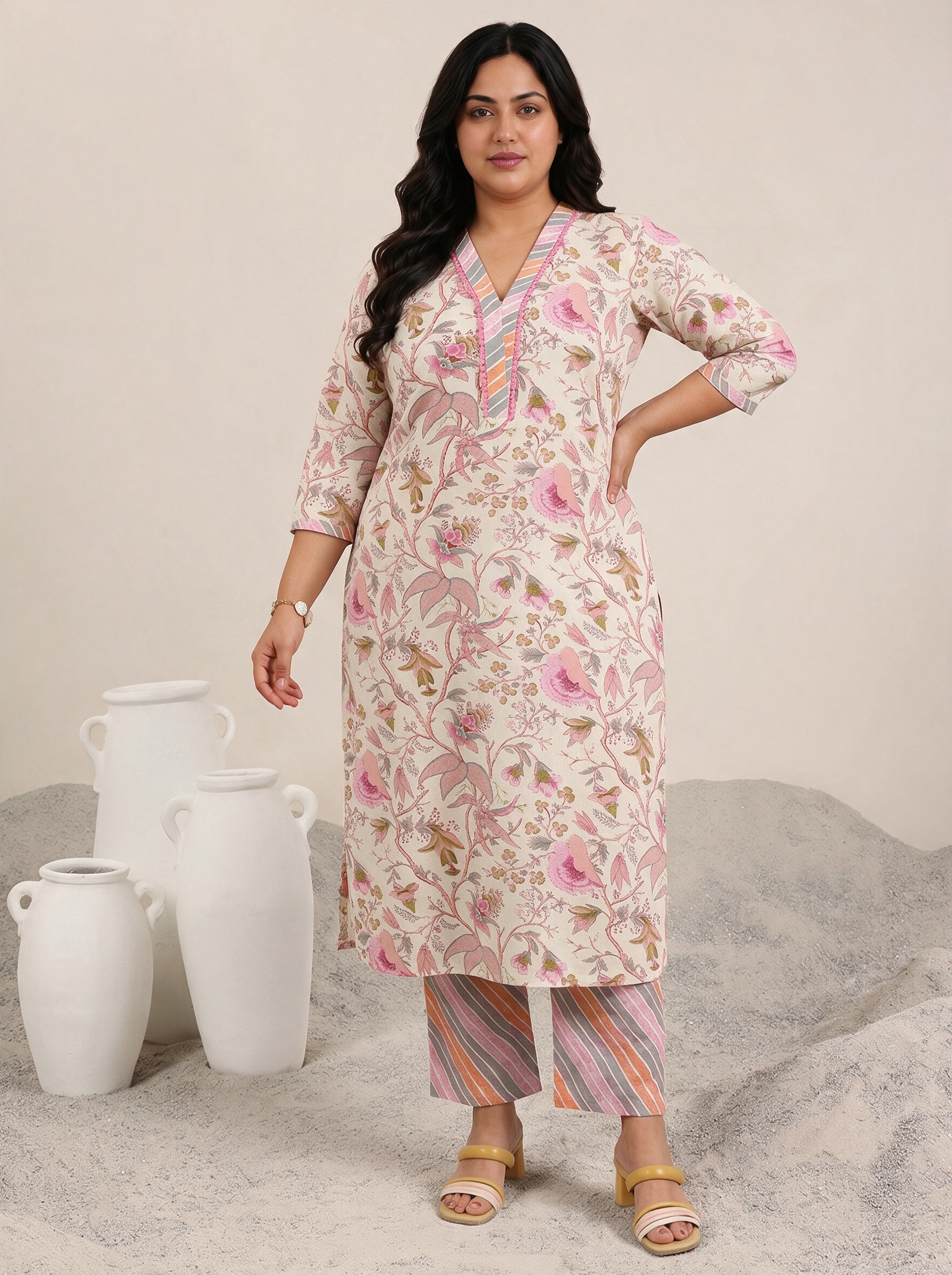 Off-White Floral Printed Kurta with Striped Trousers Set