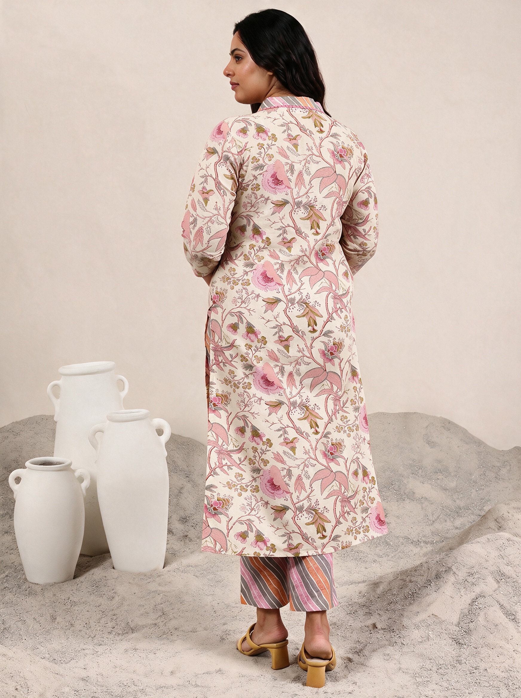 Off-White Floral Printed Kurta with Striped Trousers Set
