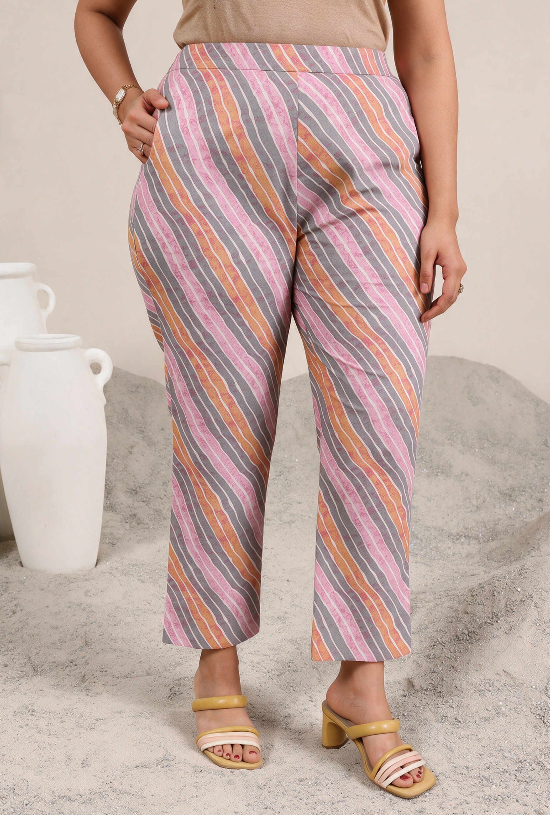 Off-White Floral Printed Kurta with Striped Trousers Set