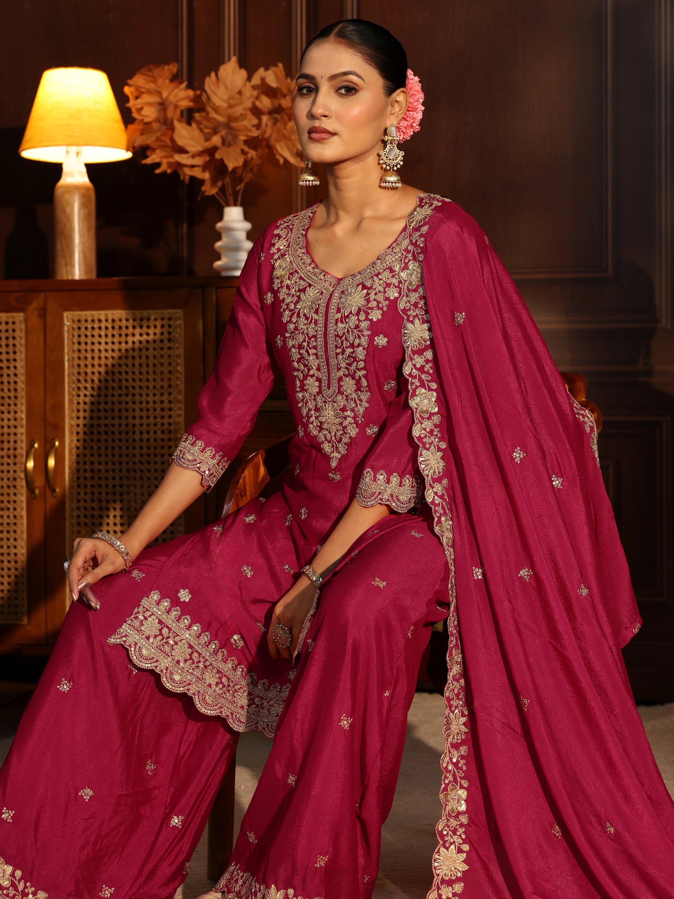 Regal Pink Embroidered Chinon Kurta Set with Dupatta