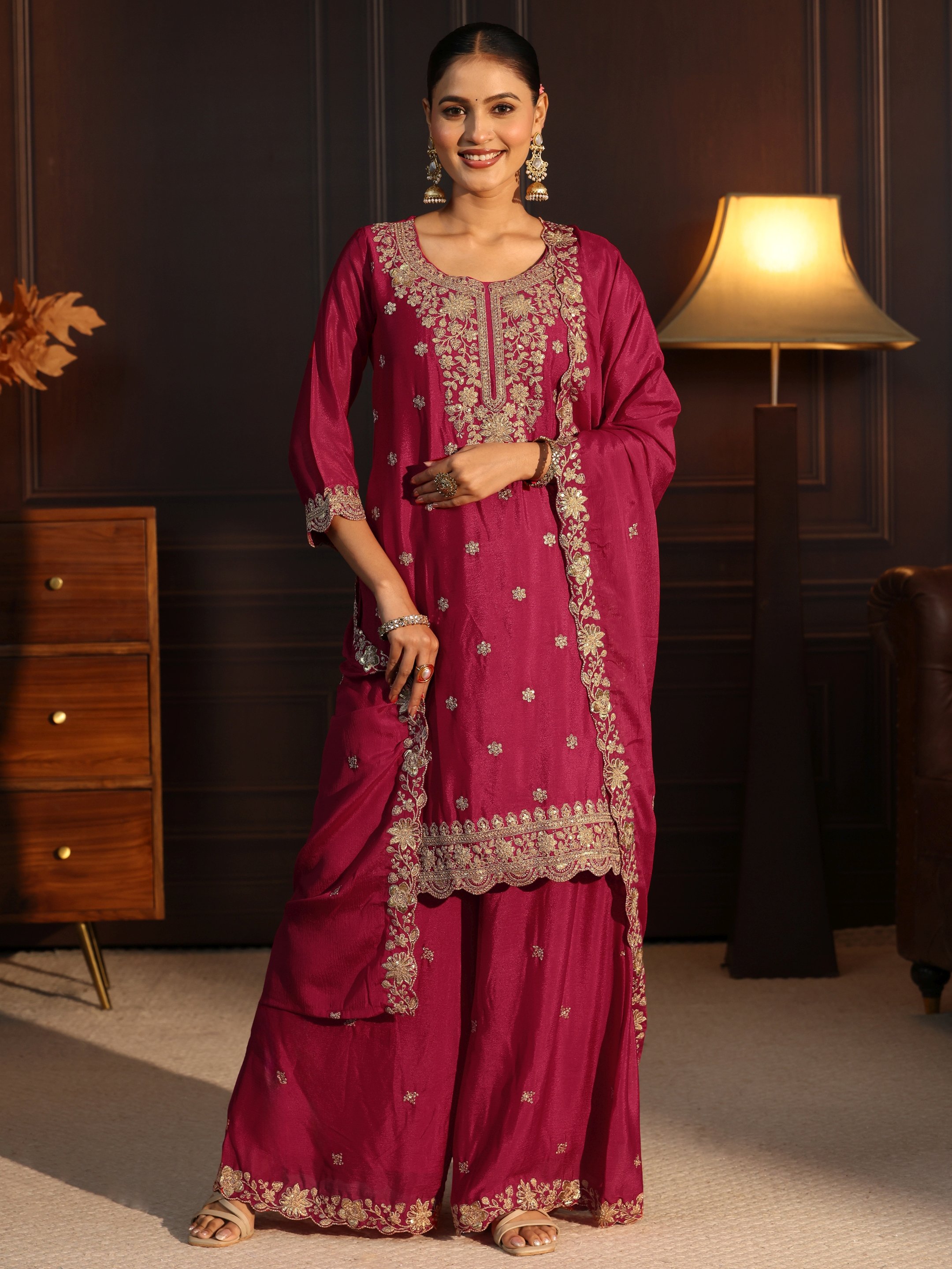 Regal Pink Embroidered Chinon Kurta Set with Dupatta