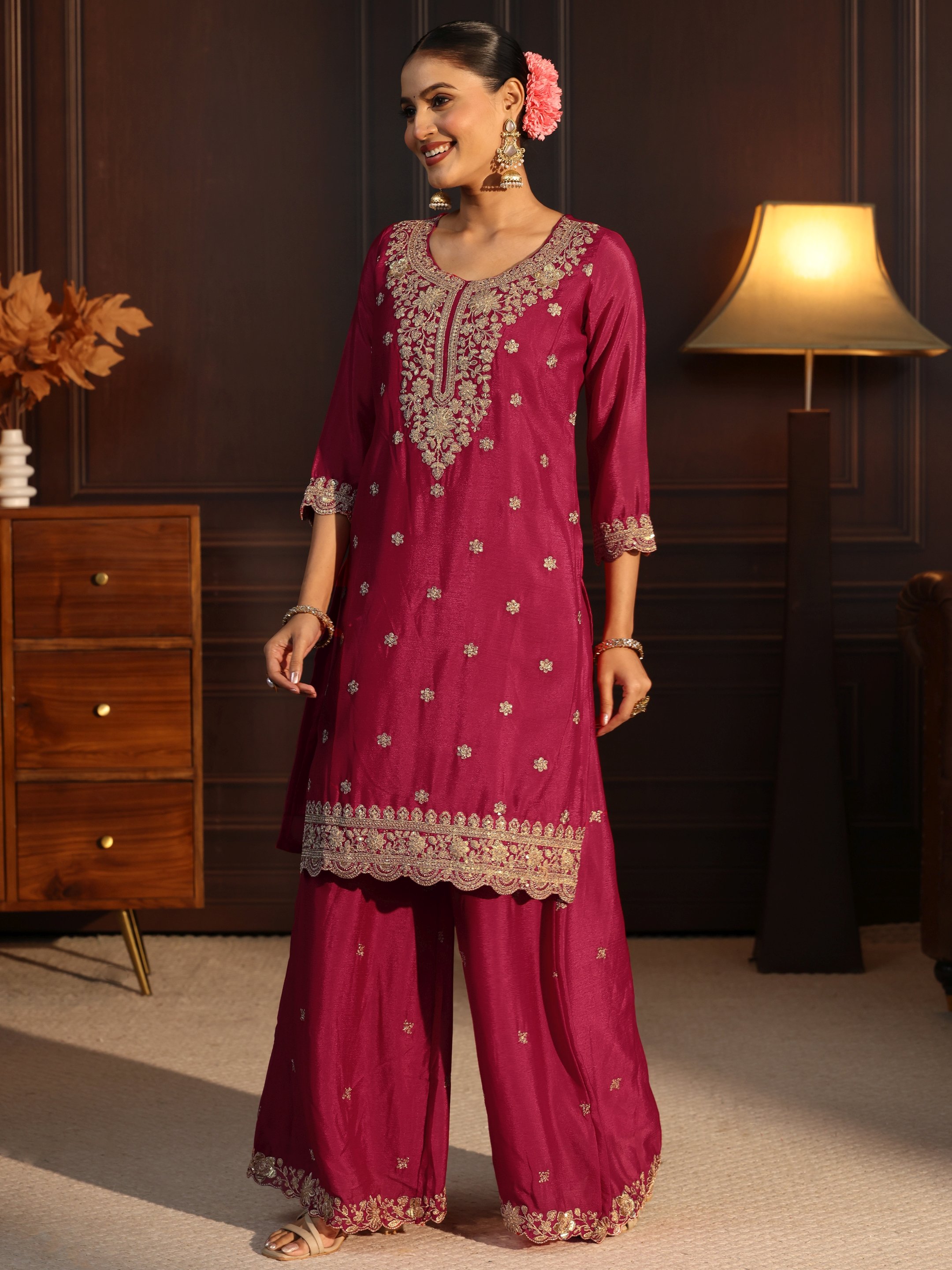 Regal Pink Embroidered Chinon Kurta Set with Dupatta