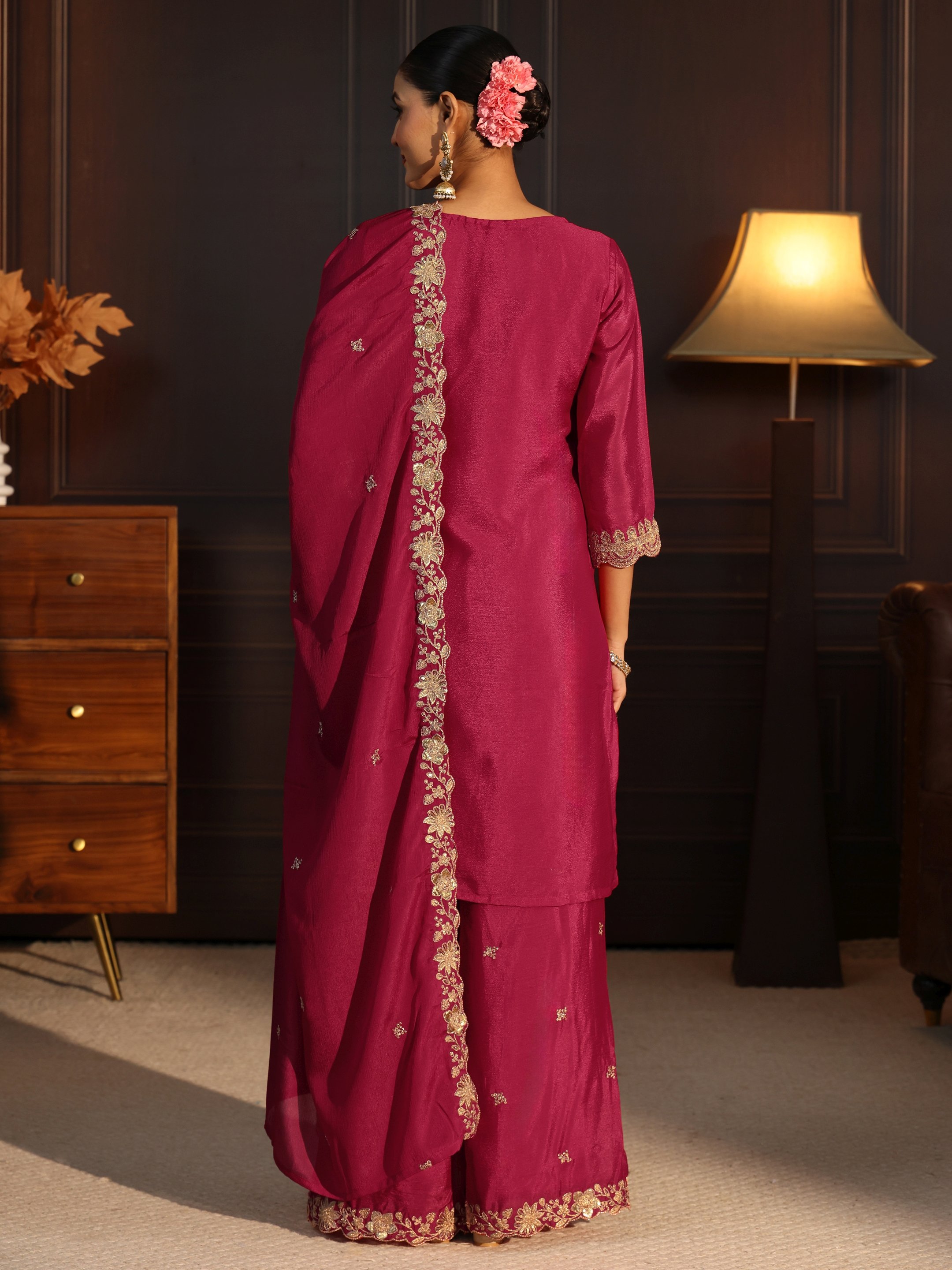 Regal Pink Embroidered Chinon Kurta Set with Dupatta
