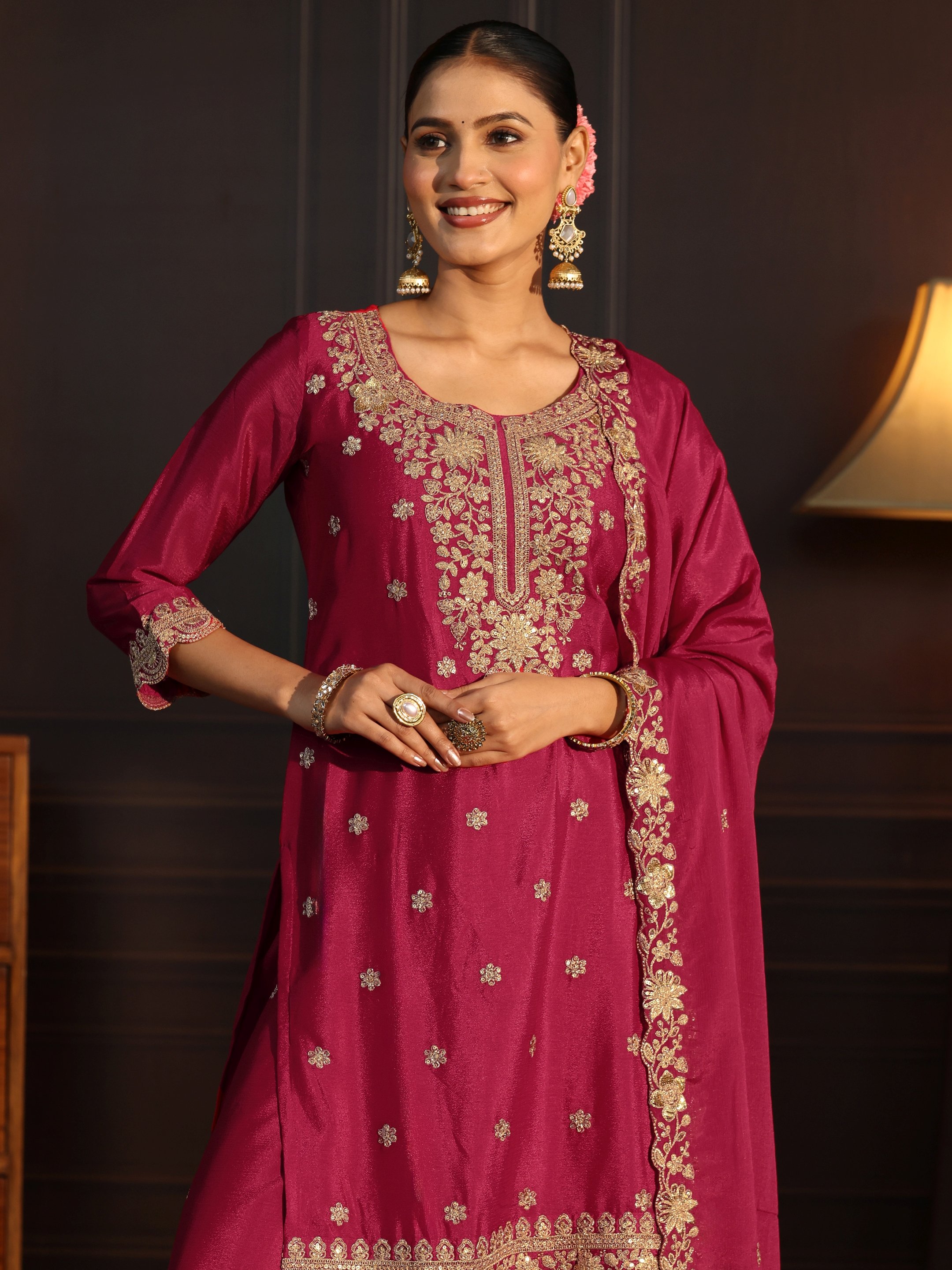 Regal Pink Embroidered Chinon Kurta Set with Dupatta