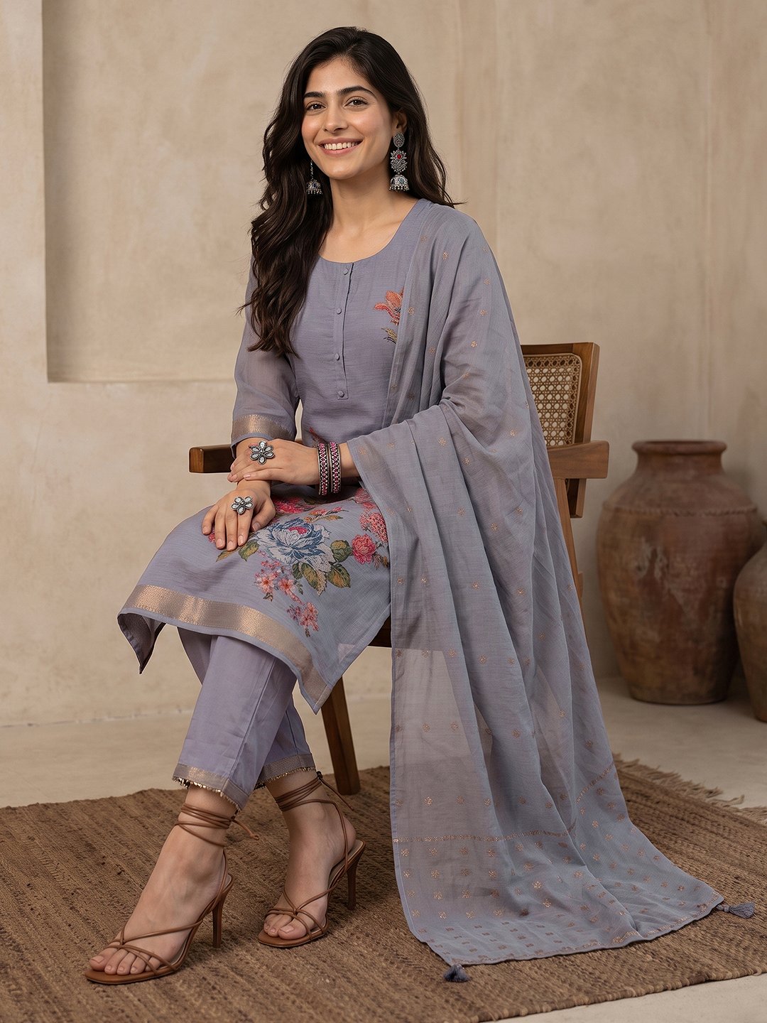 Purple Floral Chanderi Kurta Set with Dupatta