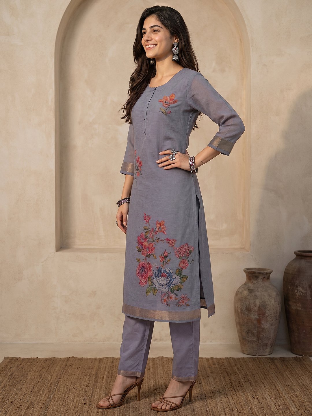 Purple Floral Chanderi Kurta Set with Dupatta