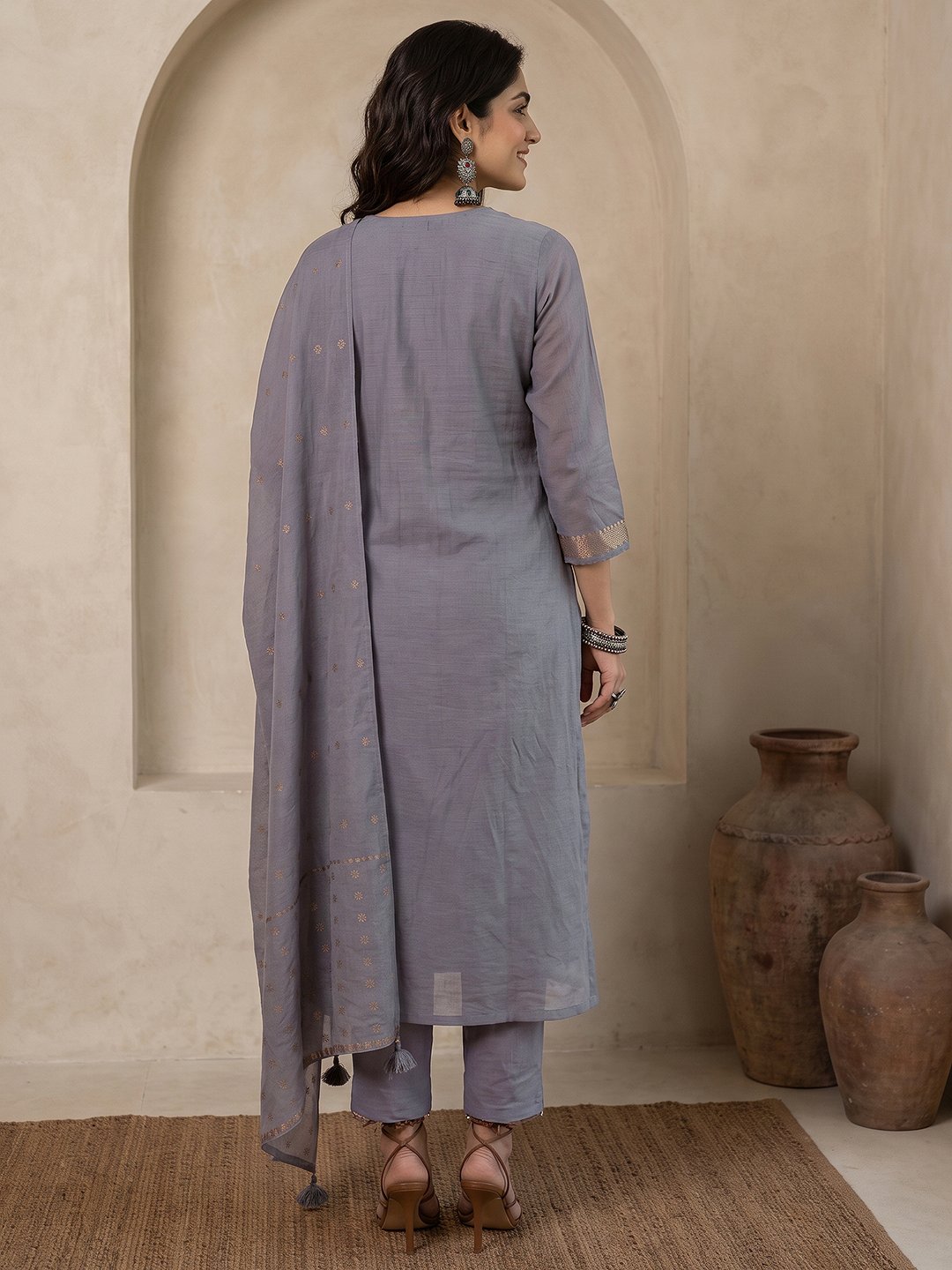 Purple Floral Chanderi Kurta Set with Dupatta