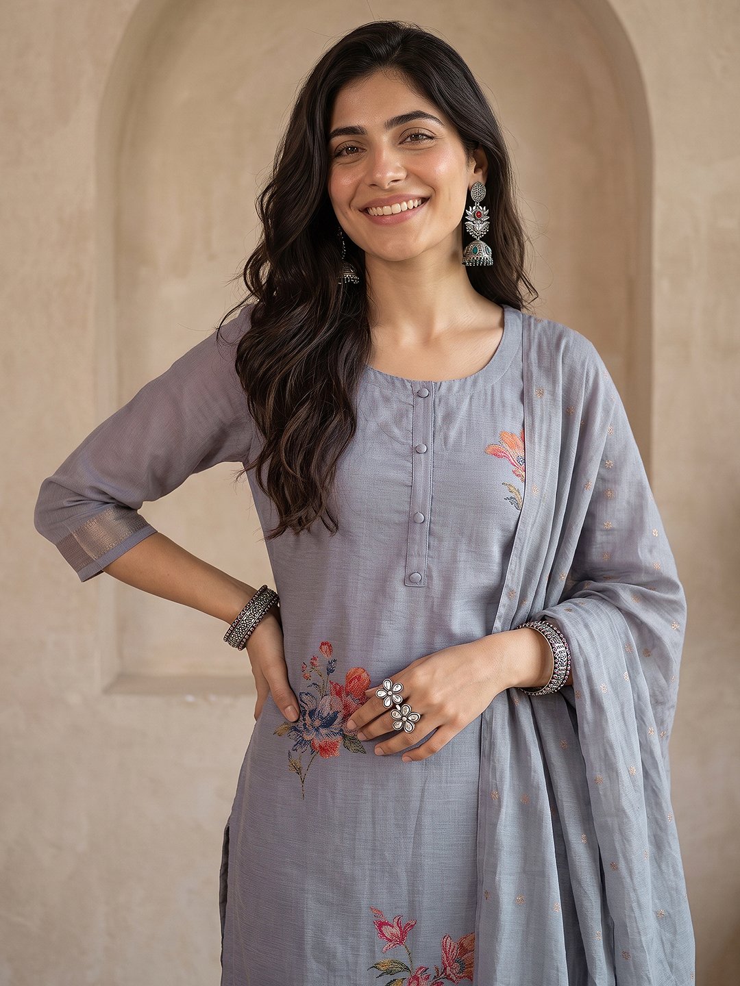 Purple Floral Chanderi Kurta Set with Dupatta