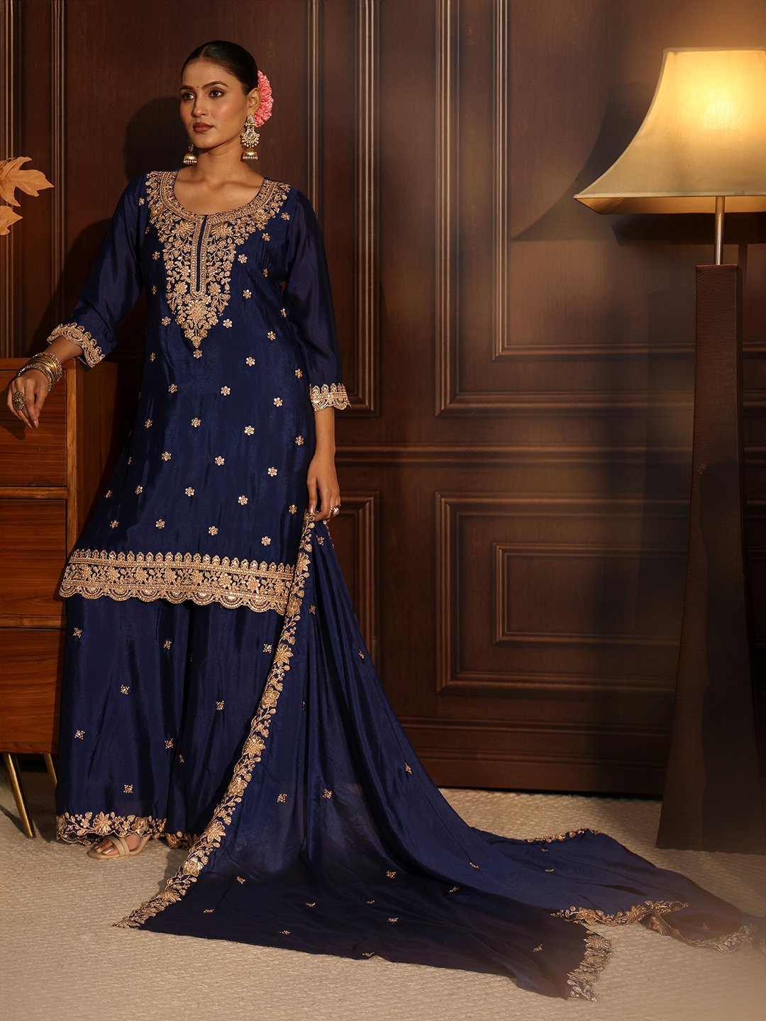 Navy Blue Embroidered Sharara Set with Three-Quarter Sleeves