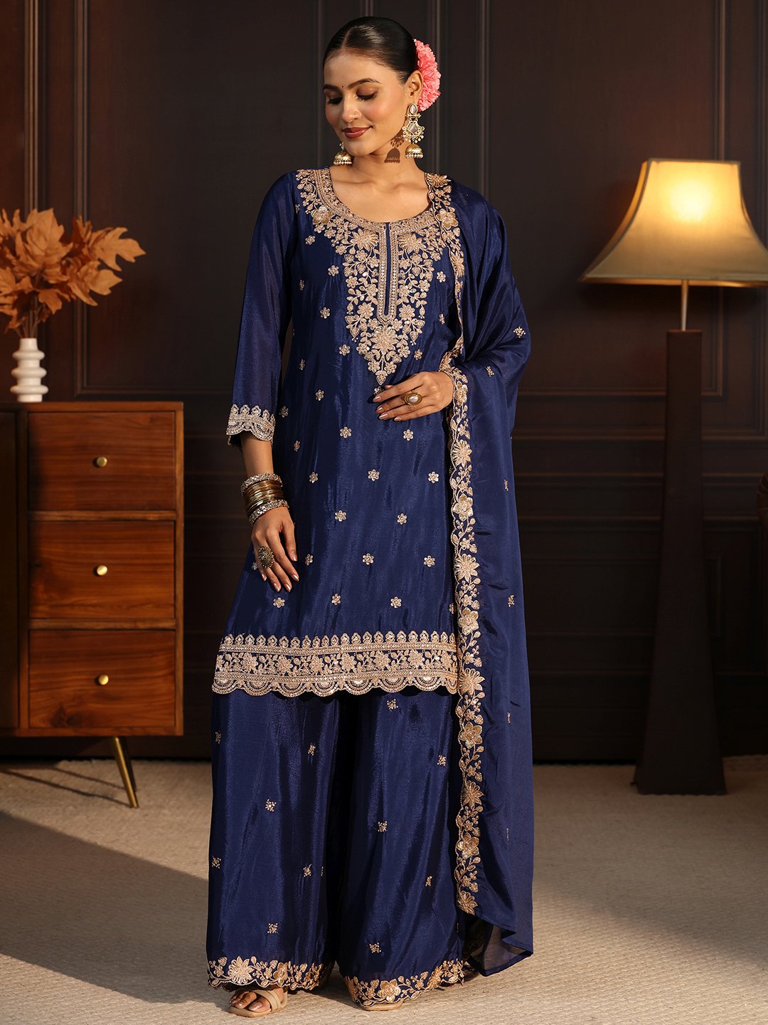 Navy Blue Embroidered Sharara Set with Three-Quarter Sleeves