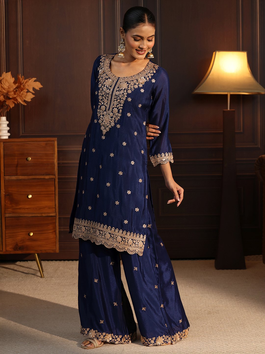 Navy Blue Embroidered Sharara Set with Three-Quarter Sleeves