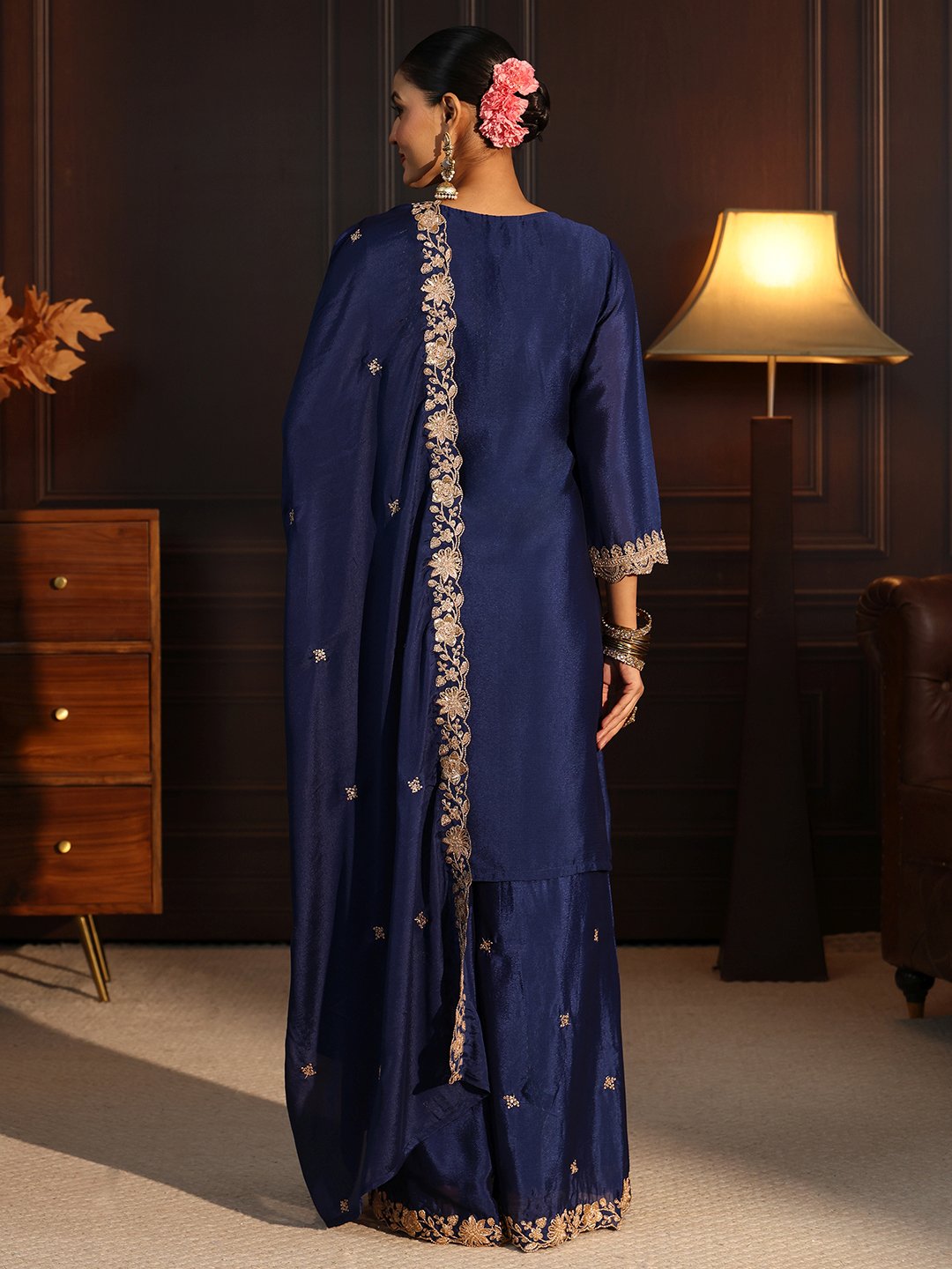 Navy Blue Embroidered Sharara Set with Three-Quarter Sleeves