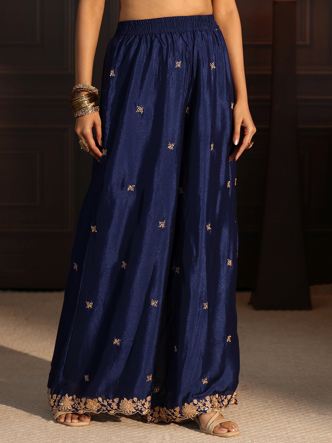 Navy Blue Embroidered Sharara Set with Three-Quarter Sleeves