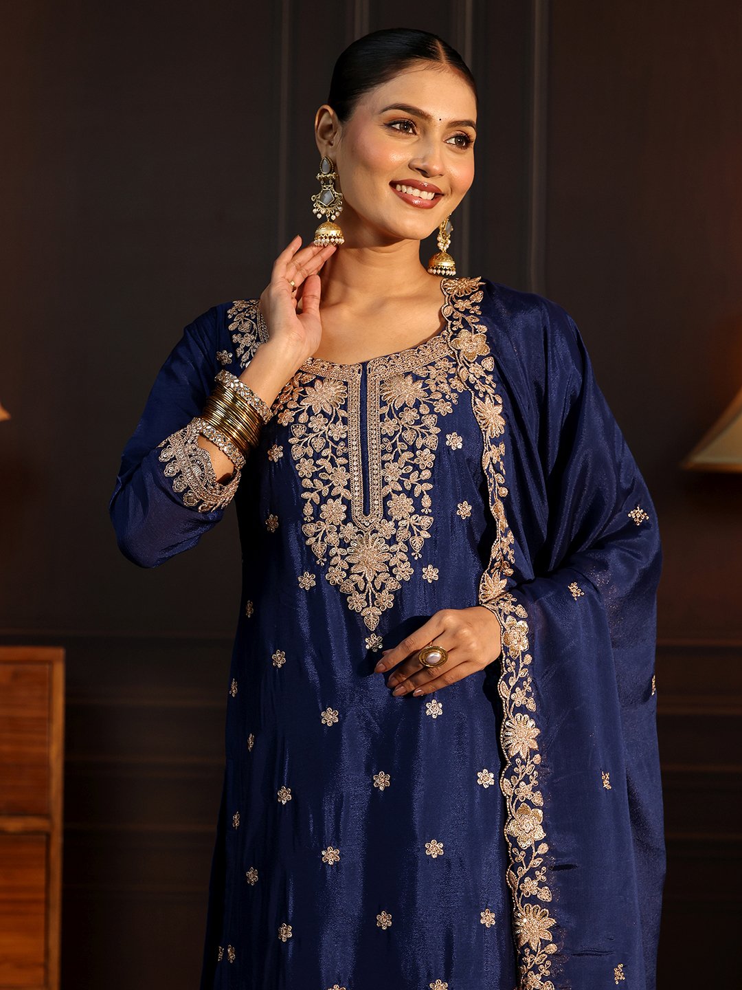 Navy Blue Embroidered Sharara Set with Three-Quarter Sleeves