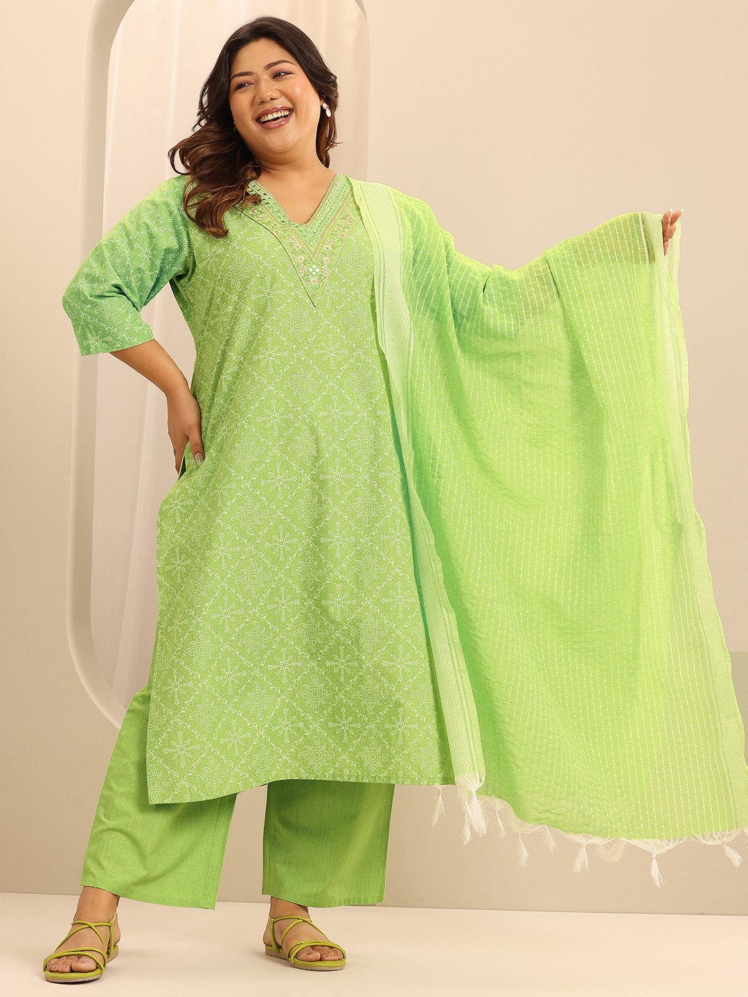 Plus Size Green Printed Cotton Kurta Set with Trousers and Dupatta