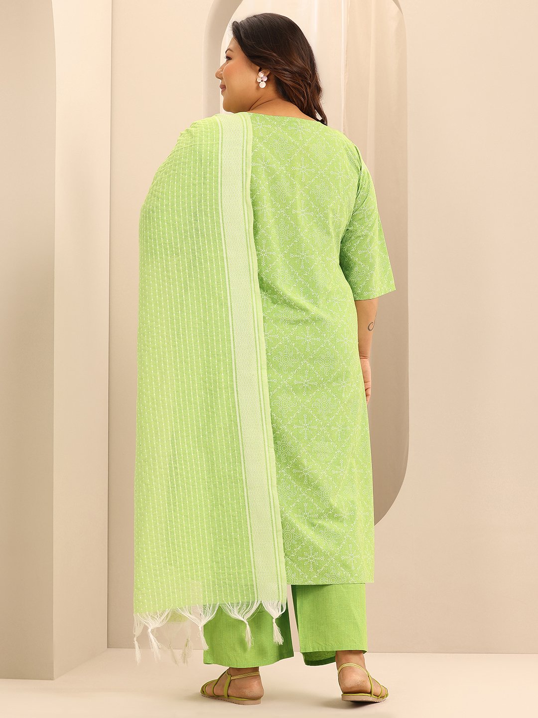 Plus Size Green Printed Cotton Kurta Set with Trousers and Dupatta