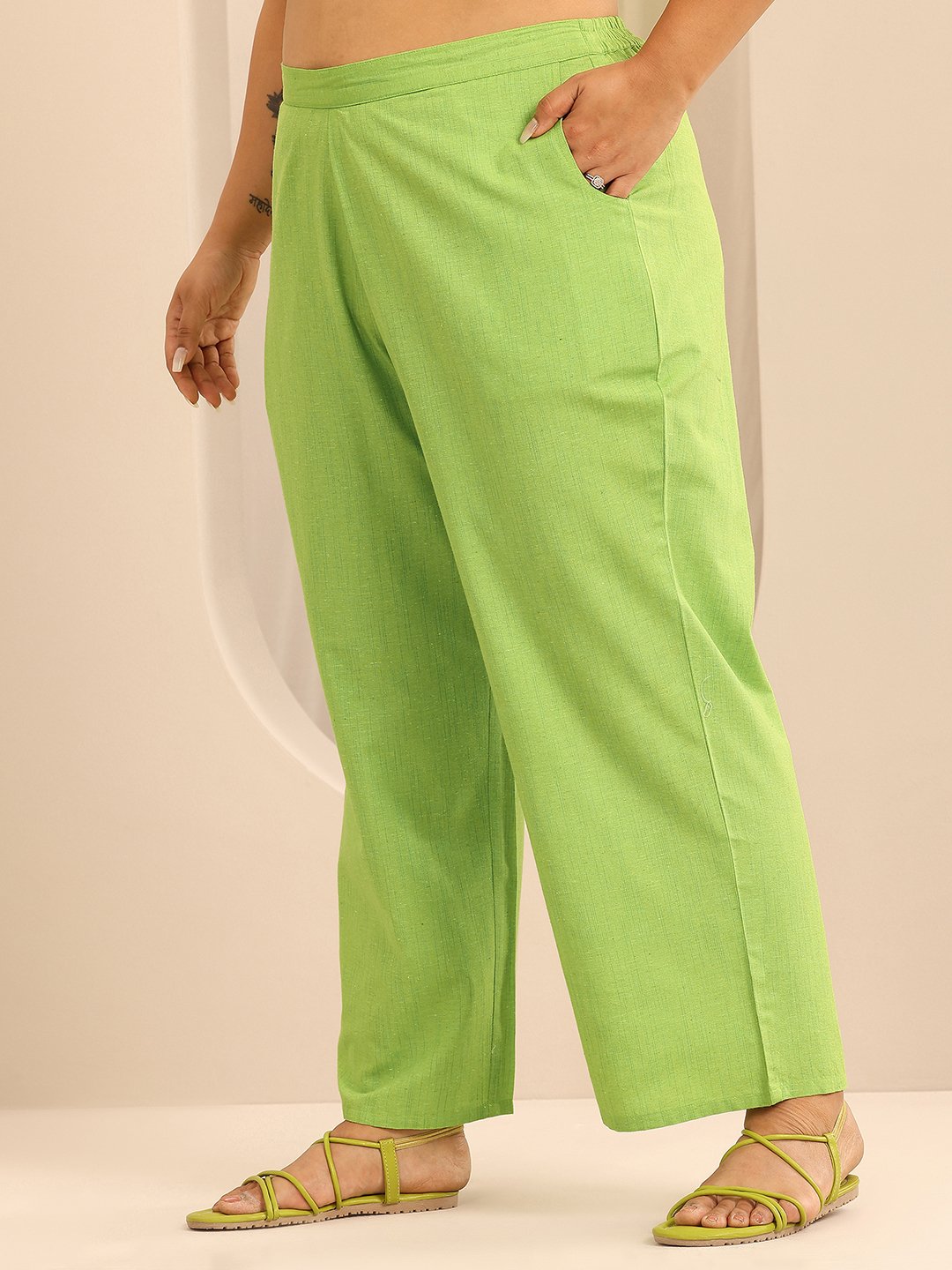 Plus Size Green Printed Cotton Kurta Set with Trousers and Dupatta