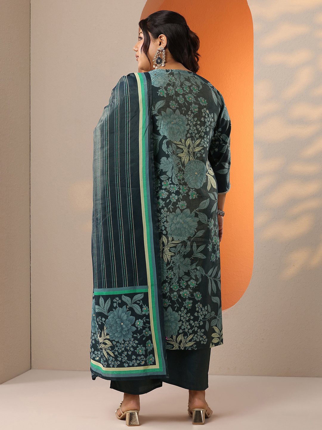 Plus Size Teal Floral Print Kurta Set with Trousers and Dupatta
