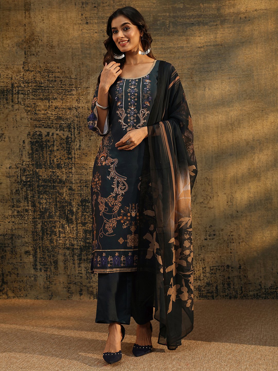 Blue Printed Silk Blend Kurta Set with Dupatta