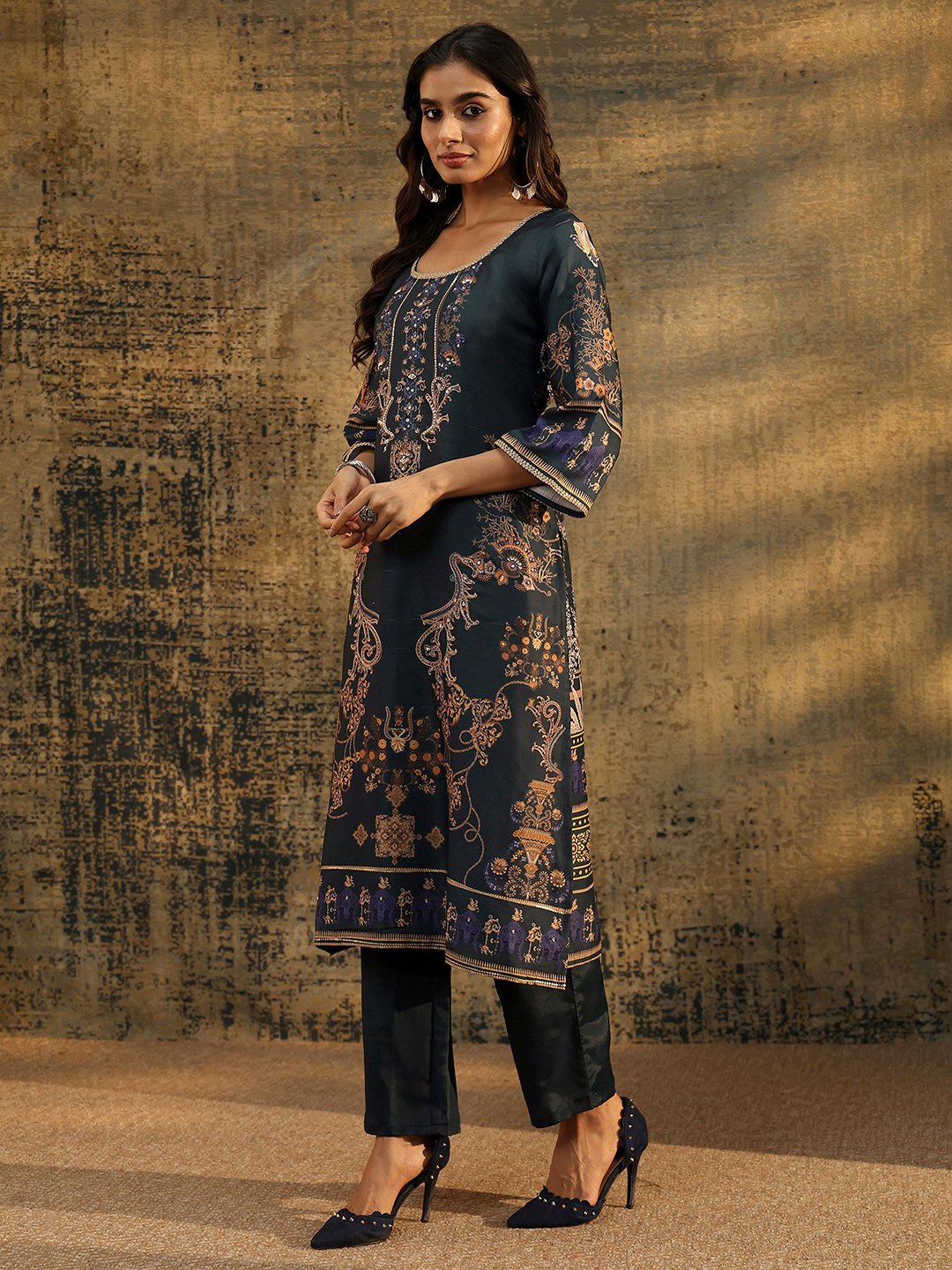 Blue Printed Silk Blend Kurta Set with Dupatta