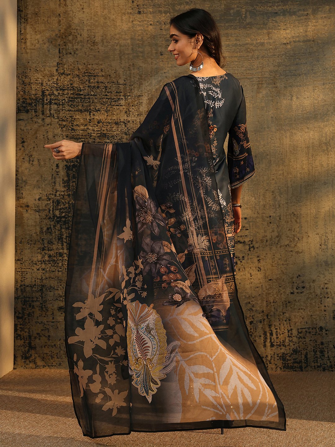Blue Printed Silk Blend Kurta Set with Dupatta