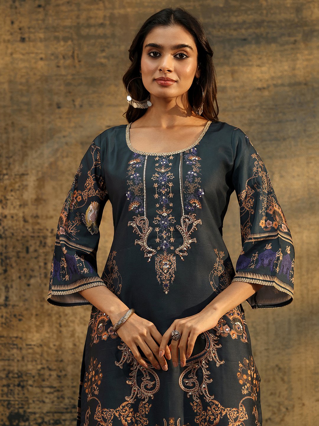 Blue Printed Silk Blend Kurta Set with Dupatta