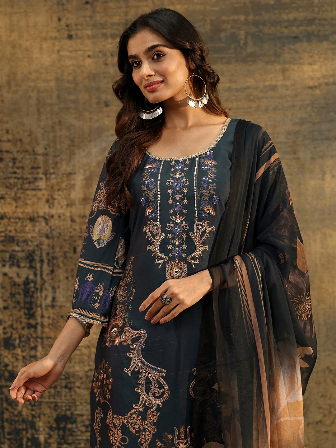 Blue Printed Silk Blend Kurta Set with Dupatta