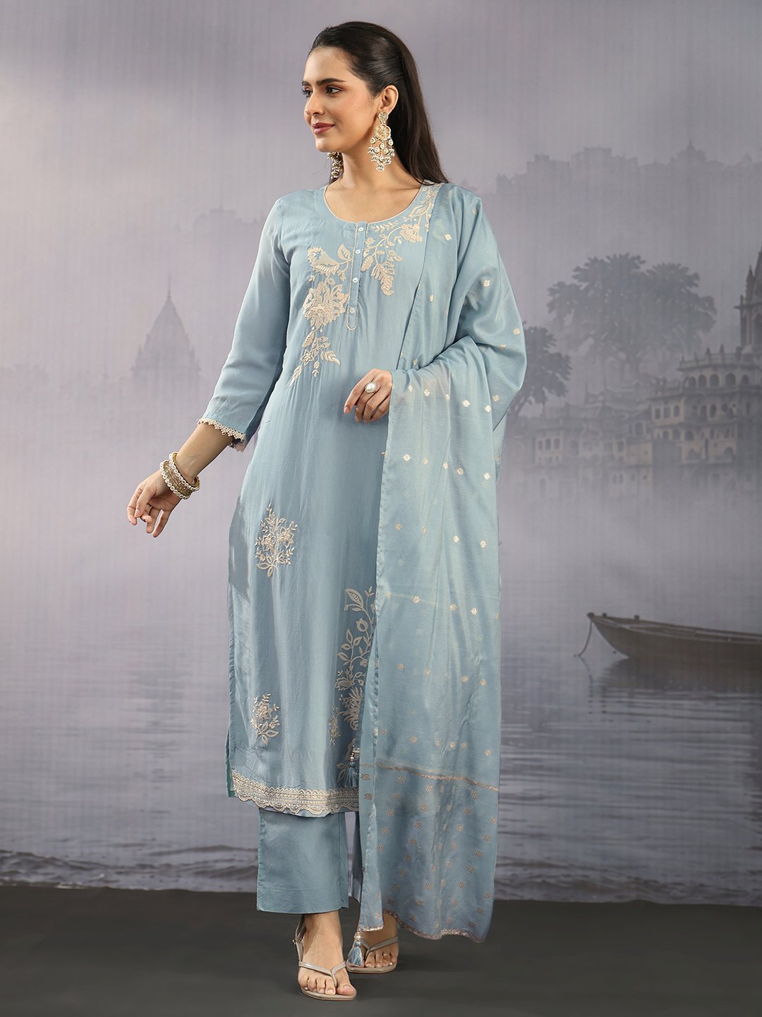 Light Blue Embroidered Chanderi Kurta Set with Dupatta