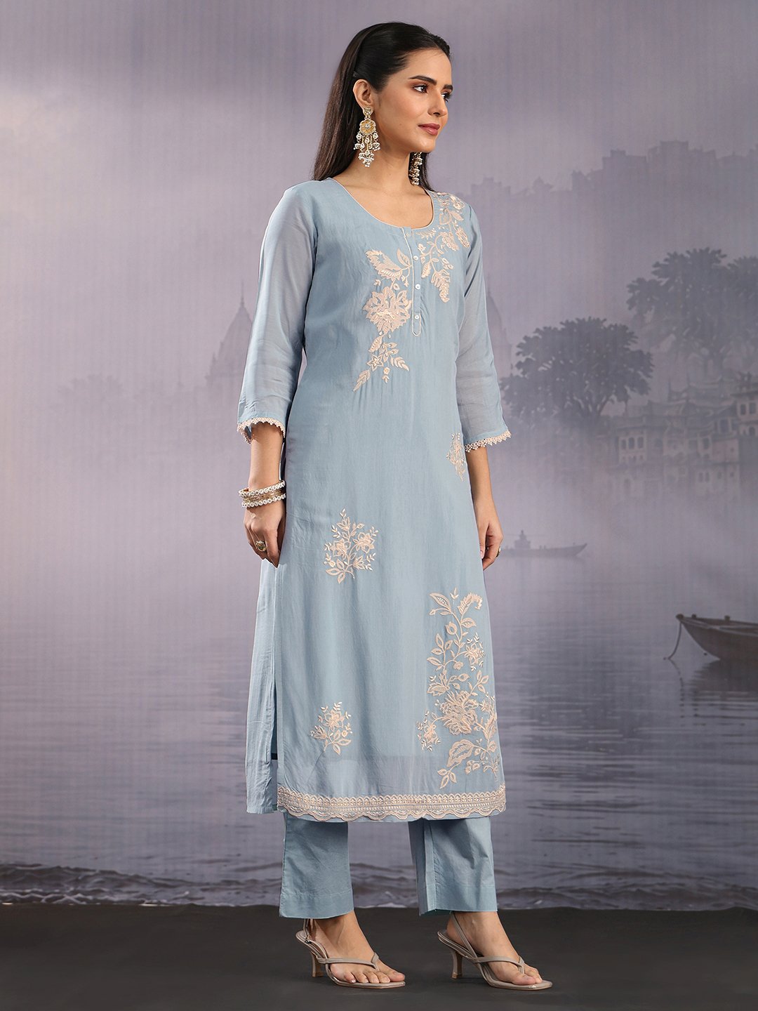 Light Blue Embroidered Chanderi Kurta Set with Dupatta