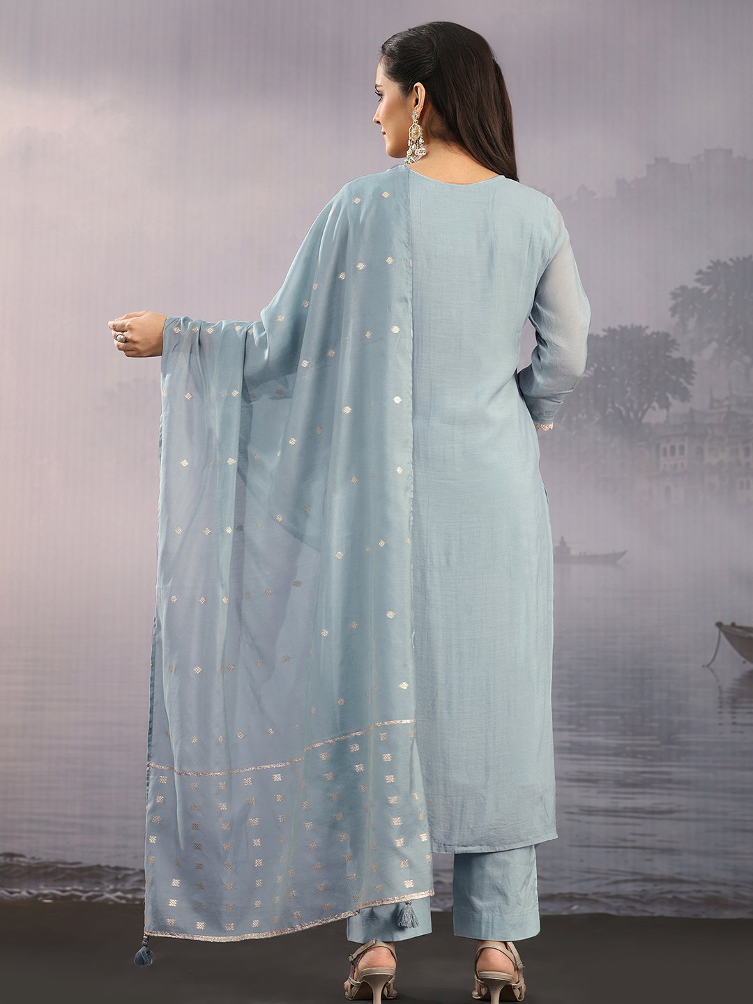 Light Blue Embroidered Chanderi Kurta Set with Dupatta