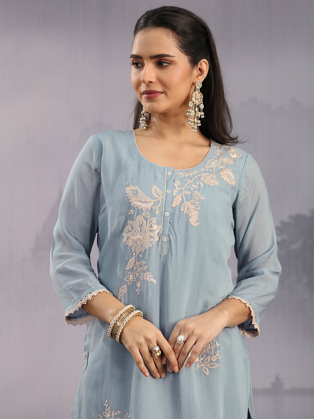 Light Blue Embroidered Chanderi Kurta Set with Dupatta