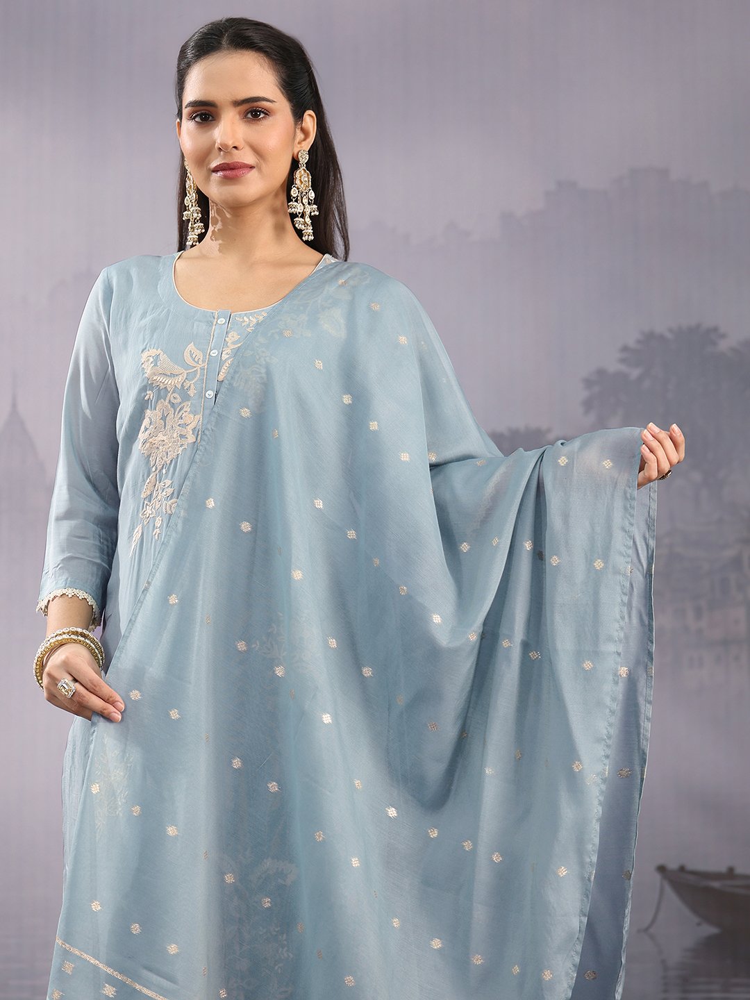 Light Blue Embroidered Chanderi Kurta Set with Dupatta