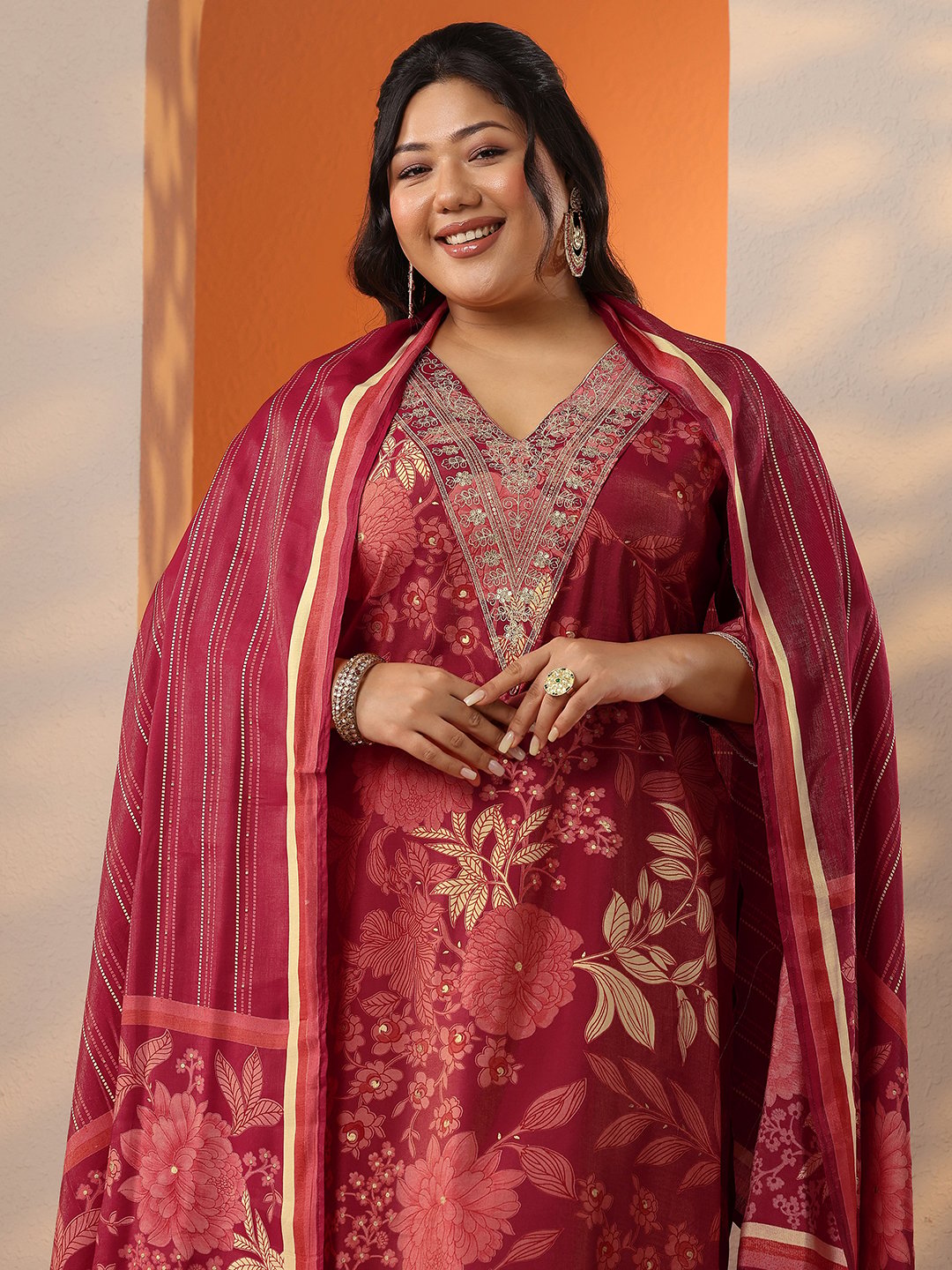 Maroon Printed Silk Blend Kurta Set with Trousers and Dupatta