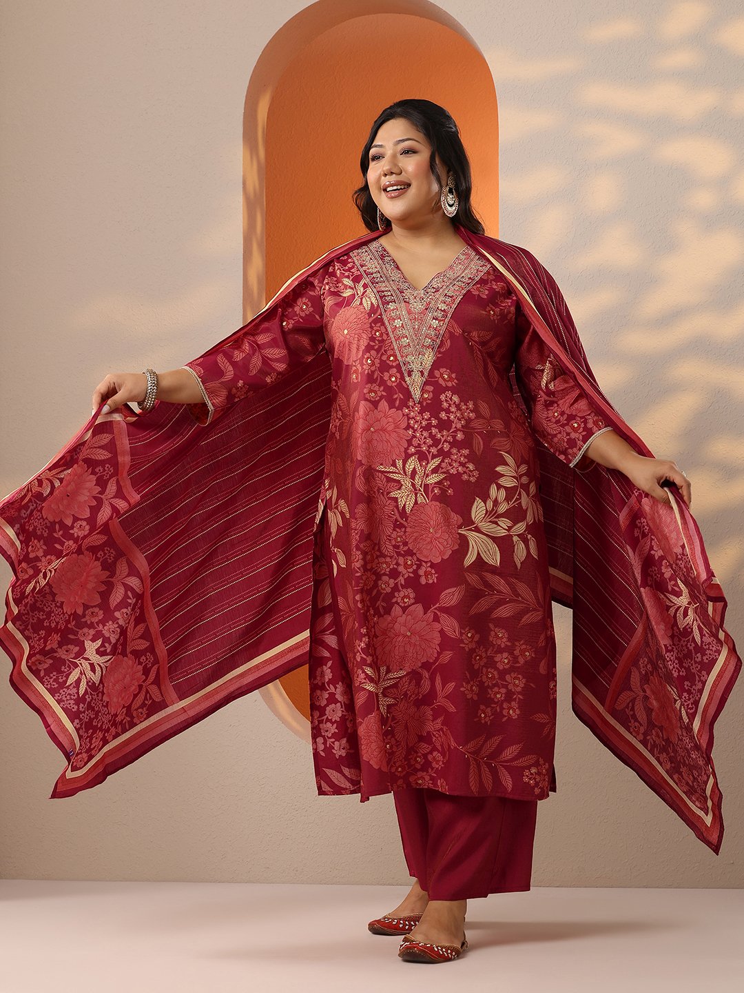 Maroon Printed Silk Blend Kurta Set with Trousers and Dupatta
