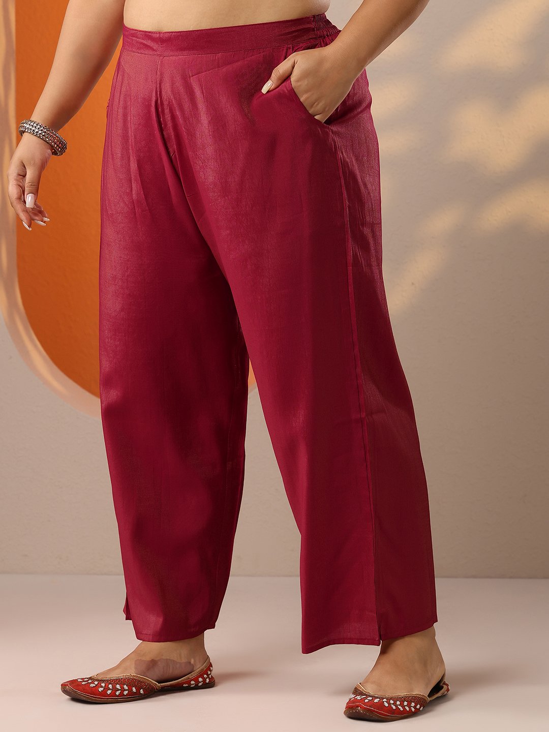 Maroon Printed Silk Blend Kurta Set with Trousers and Dupatta