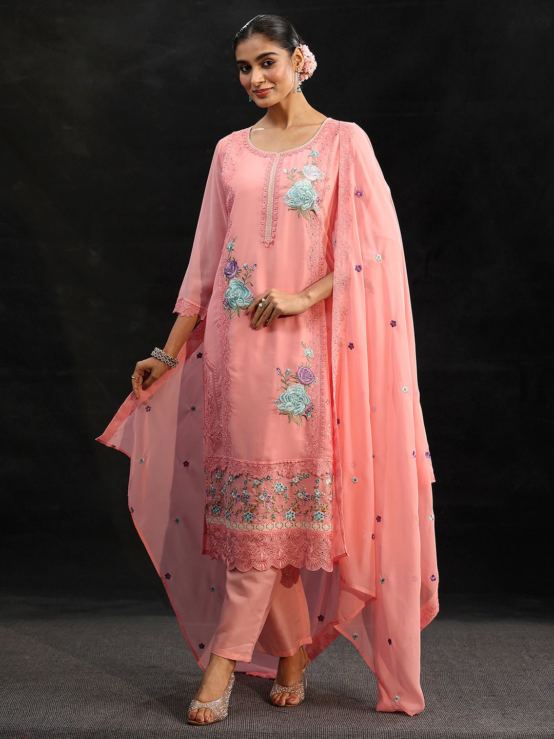 Peach Georgette Embroidered Kurta Set with Dupatta